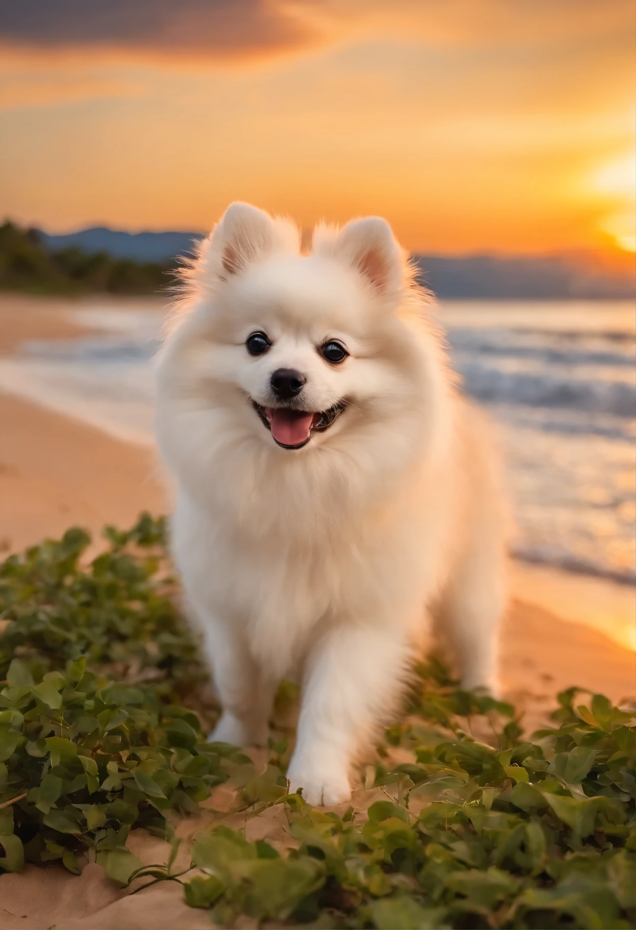 un beau petit chiot spitz allemand, smilling, perfect mouth without defect, very hairy plain white, regard vers la caméra, sans collier, sunset on the tropical beach in the background, 4k, hd, realistic, professionnal shoot