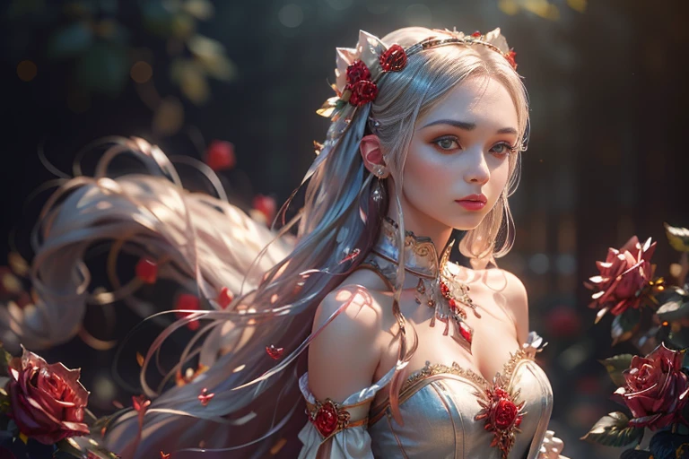 A young woman with very long hair with two silver tails, flat chest, white dress, (detailed eyes, eye correction, red eyes), garden of red crystal roses, ((More red crystal roses)), posing for a photo, (Delicate images), (Photorealistic: 1.4), (Highly detailed), (high resolution), (Best quality), (masterpiece)