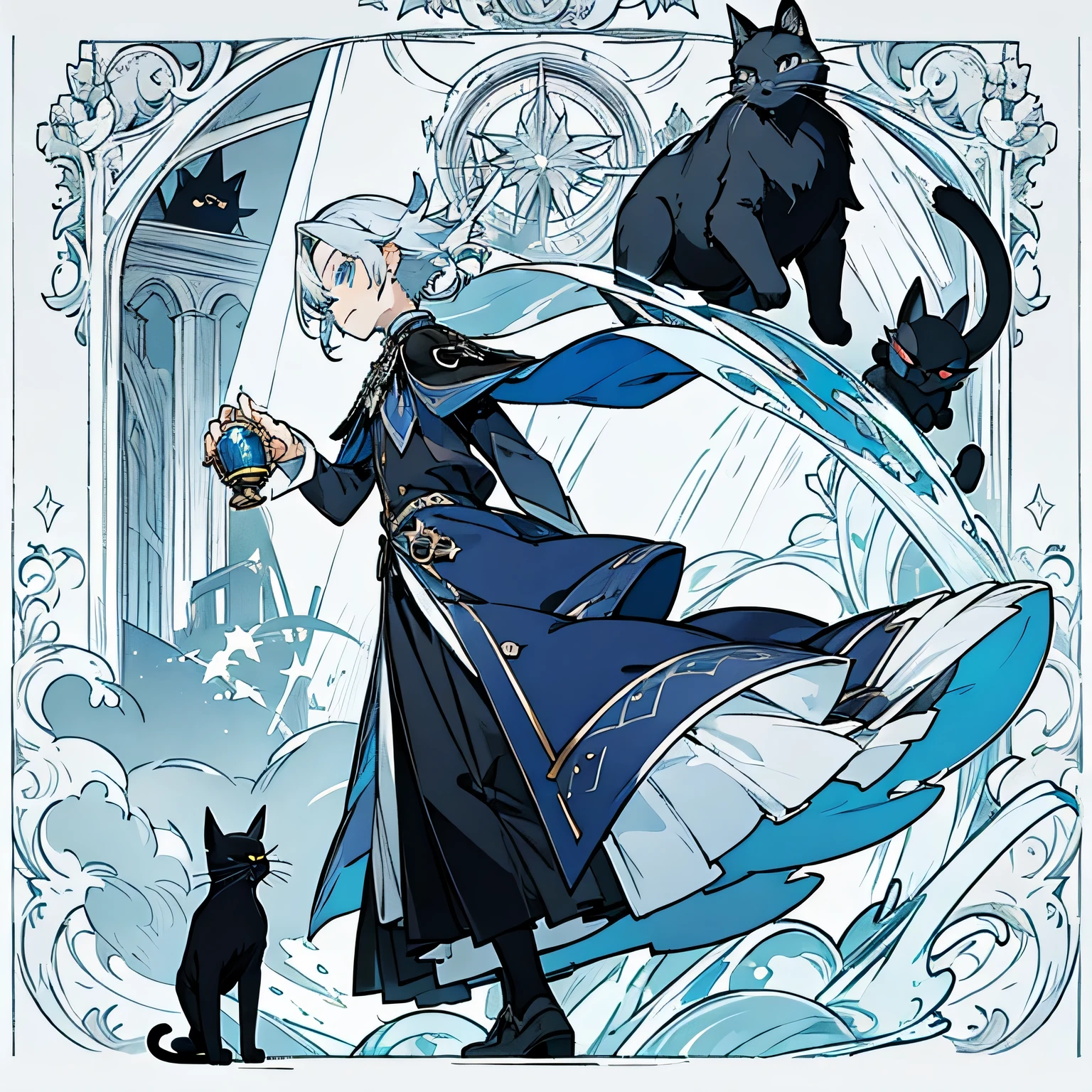 silver hair，dark blue eyes，Azure clothes，A pure black cat beside，The boy holds a silver bell