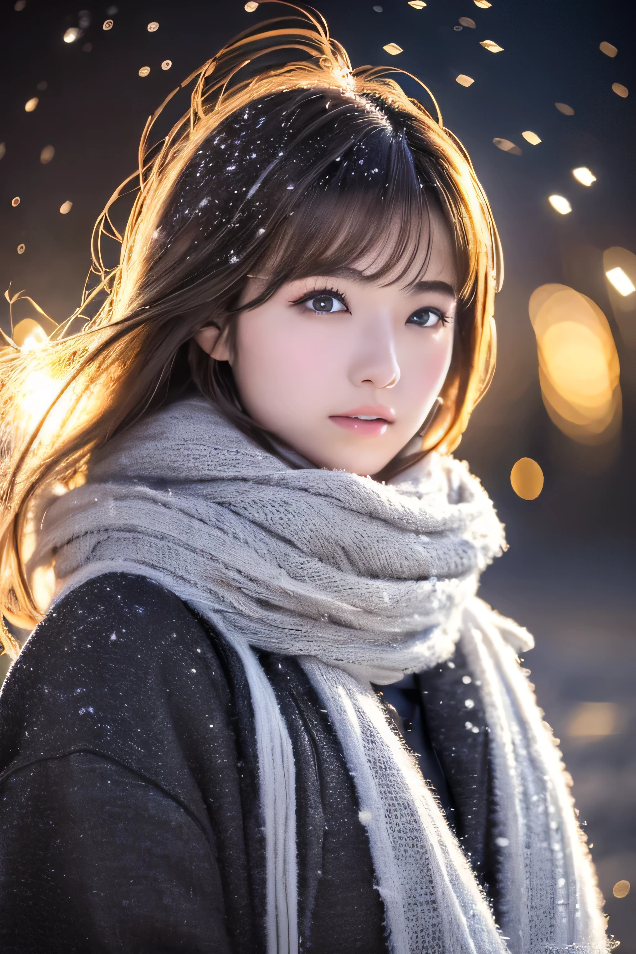 ((hair blowing in the wind、No makeup:1.2))、(realistic、Photoreal、super detailed、best detailed skins、highest quality、masterpiece、超A high resolution)、cute russian woman、14 years、high school girl、young girl、1 girl、have bangs、ash blonde:1.7、double eyelid、drooling eyes、Japanese style face、purity、realistic skin type、thick muffler、Gray muffler、fluffy hair、((There's hair in the scarf:1.3))、red cheeks、The wind is blowing、It's snowing、night、illumination、lighting from behind、hair blowing in the wind