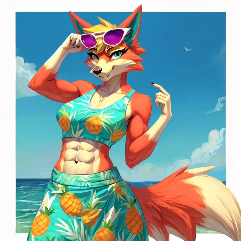a digital artwork of audie with abs wearing a crop top of her  default turquoise and pineapple print dress  with turquoise and pineapple printskirt, a bare midriff and a bare navel , digital art, ((perfect face)), ((best quality)), ((masterpiece)), she has sunglasses on her forehead 