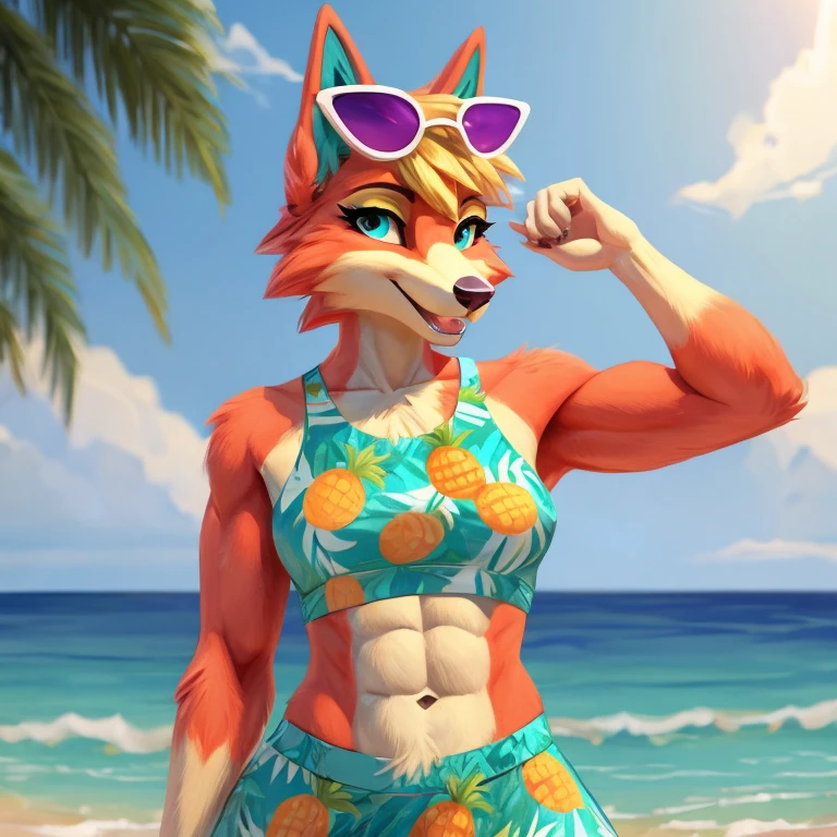 a digital artwork of audie with abs wearing a crop top of her  default turquoise and pineapple print dress  with turquoise and pineapple printskirt, a bare midriff and a bare navel , digital art, ((perfect face)), ((best quality)), ((masterpiece)), she has sunglasses on her forehead 