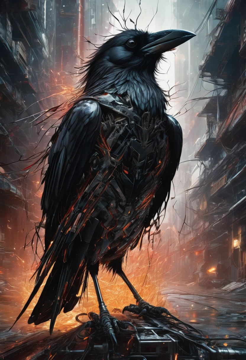 A masterful artistic digital rendering of a sinister cybernetic crow made from sparks and fire by Simon Prades, h.r giger, russ mills, Shaun Ryken, celestial, UHD, 8k resolution, fantasy editorial art, complex and hyperdetailed, beautiful composition, a modern surrealistic masterpiece by Dan Mumford