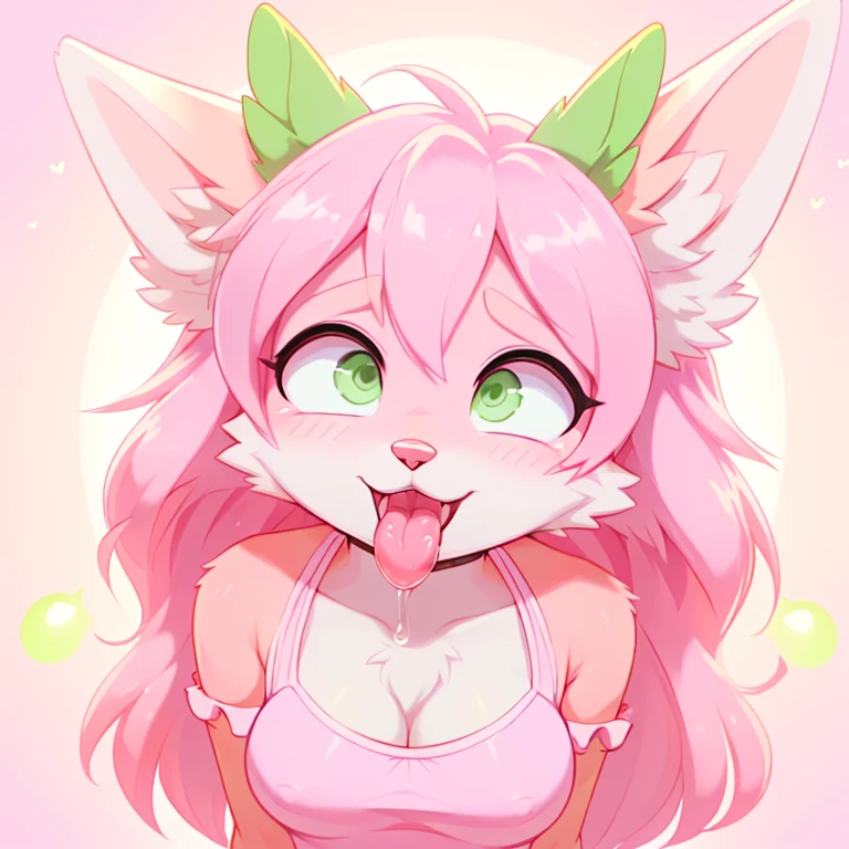 Beautiful pastel pink furry vixen ((hot clothes)) with pastel pink hair, lime green eyes, blush pleasure nympho slut face, ultra mega ahegao face ((rolling eyes)), tongue out, saliva, face first plane only face. The best quality and high details, solid pastel pink background with yellow circle
