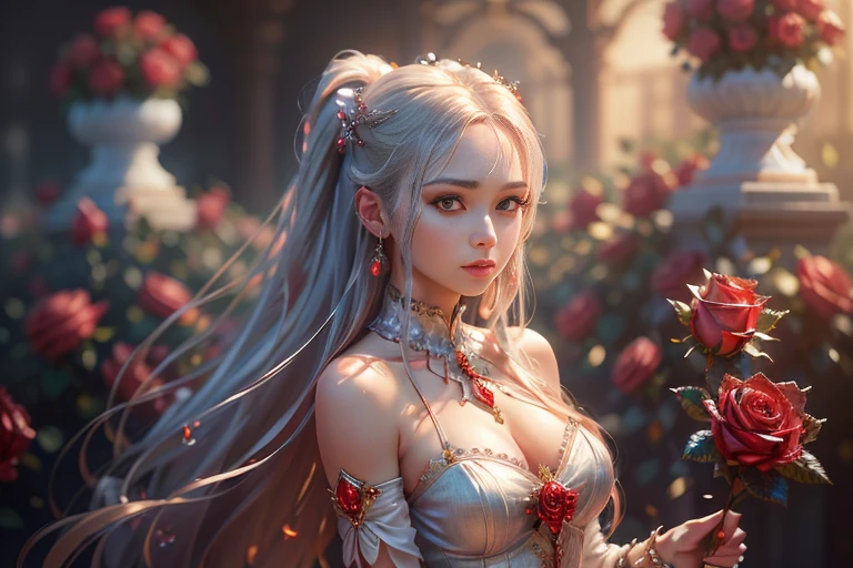 A young woman with very long hair with two silver tails, flat chest, white dress, (detailed eyes, eye correction, red eyes), garden of red crystal roses, ((More red crystal roses)), posing for a photo, (Delicate images), (Photorealistic: 1.4), (Highly detailed), (high resolution), (Best quality), (masterpiece)