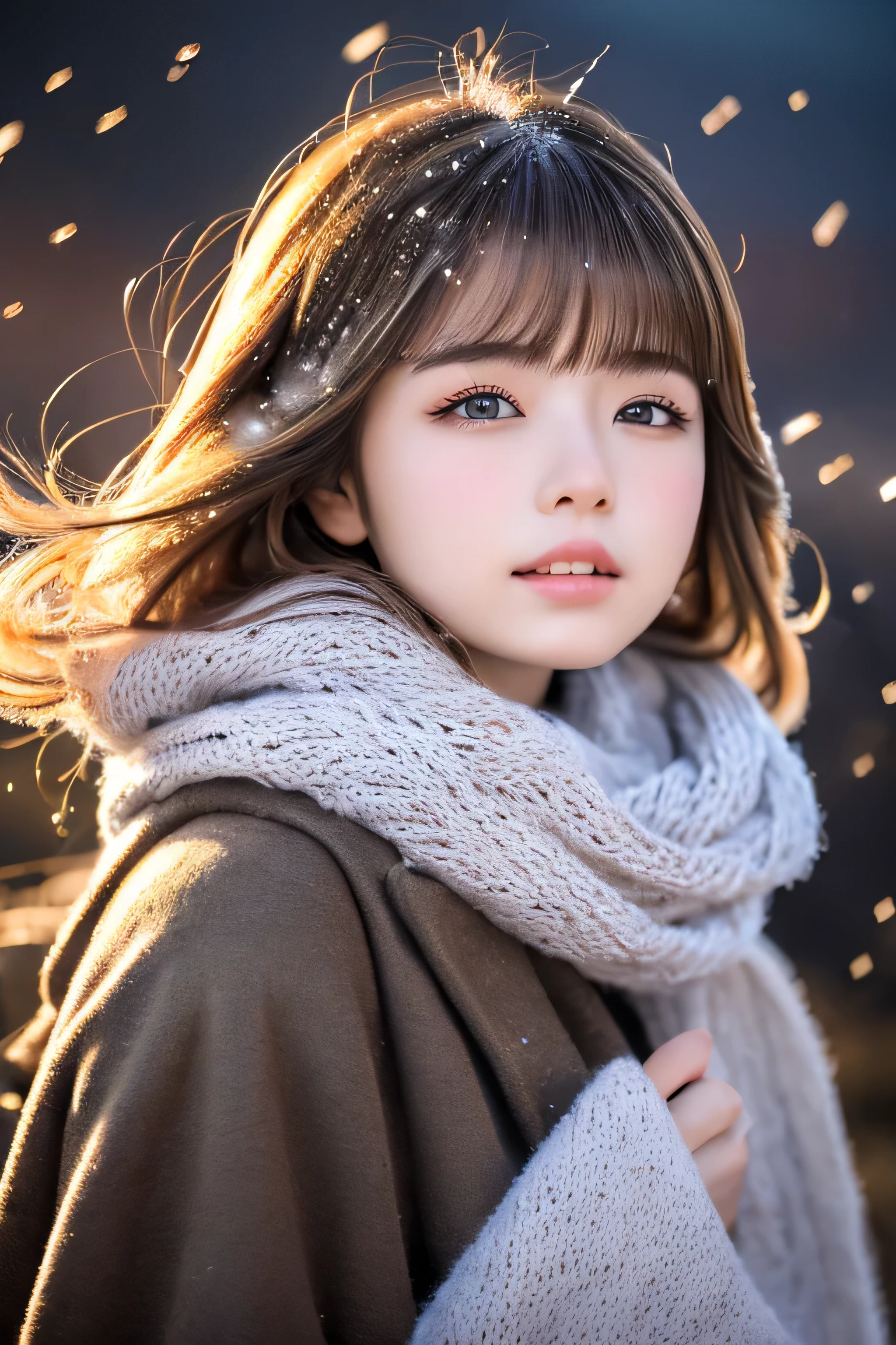 ((hair blowing in the wind、No makeup:1.2))、(realistic、Photoreal、super detailed、best detailed skins、highest quality、masterpiece、超A high resolution)、cute russian woman、14 years、high school girl、young girl、1 girl、have bangs、ash blonde:1.7、double eyelid、drooling eyes、Japanese style face、purity、realistic skin type、thick muffler、Gray muffler、fluffy hair、((There's hair in the scarf:1.3))、red cheeks、The wind is blowing、It's snowing、night、illumination、lighting from behind、hair blowing in the wind