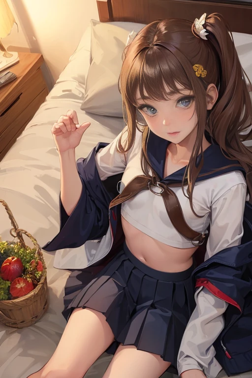 masterpiece, best quality, physically-based rendering, high resolusion, RAW photo, photo realistic,
1 girl, Japanese, best detailed girl, (nsfw),
((17 years old)),
dark skin, light brown hair, BREAK blue eyes, BREAK (flat chest:1.5), BREAK
, (clothed pink strapless bra:0.5), BREAK ((clothed white shirt:1)), BREAK side ponytail, flower hair ornament, BREAK (school bag:0.2),
night time,
bedroom, ivory wall, BREAK calm atmosphere, Calm light of proof
wooden double bed, white sheets, BREAK white pillow, BREAK
((lying on back on the bed)),
((clothed navy pleated skirt:1.5)), BREAK
((vaginal, sex)),
smile, looking at viewer,
(pov, missionary position, from front:1, from above:1.5), genitals highlighted,