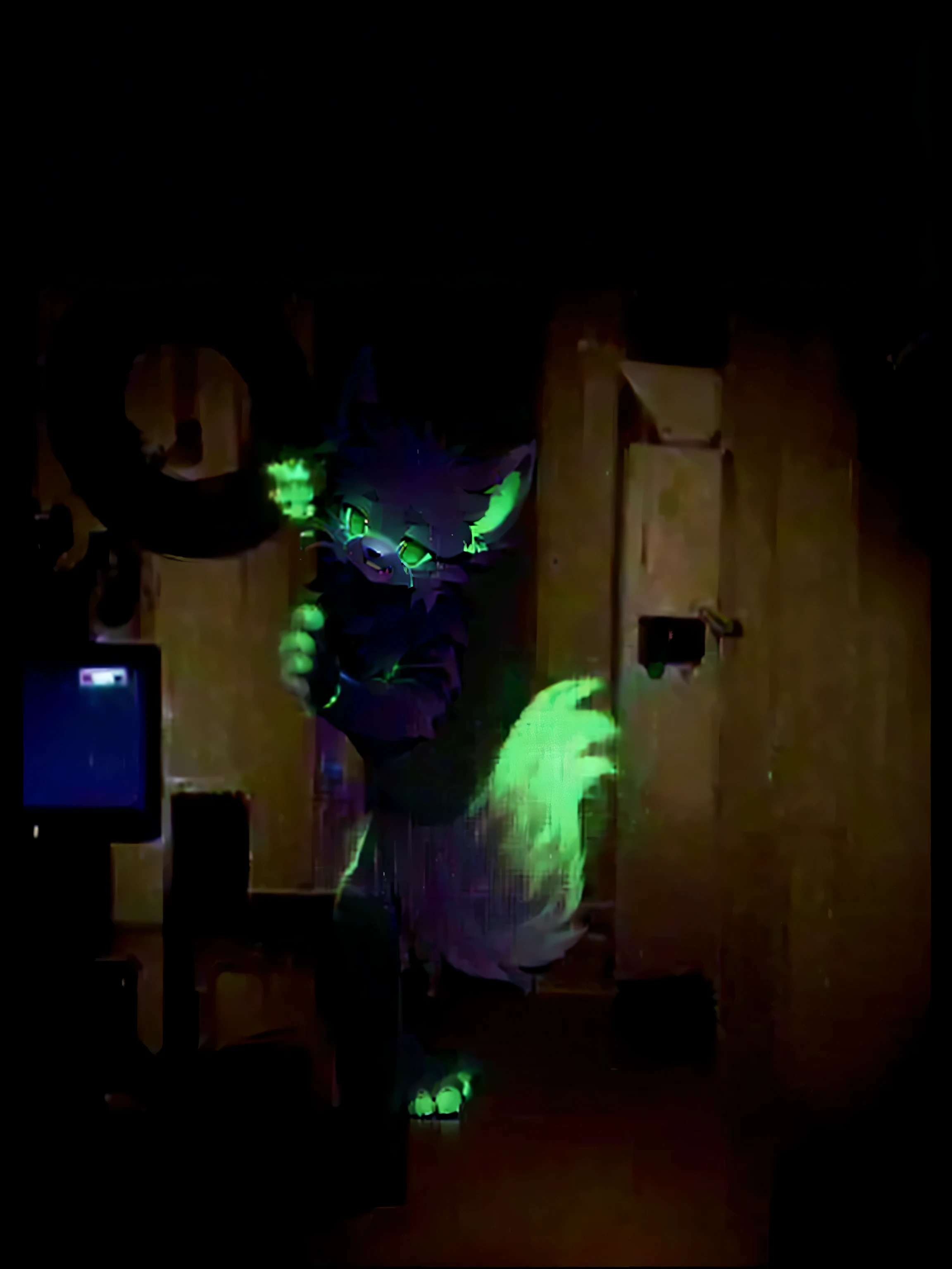 there is a cat that is glowing in the dark, with glowing eyes, best jumpscare scene, weirdcore voidpunk fursona, fursona!!!!, glowing guy creature, adorable glowing creature, cat from the void, it is glowing, glowing in the dark, glowing eyes everywhere, horrifying :4, blurry and glitchy, eerie glow, demon cat, jumpscare