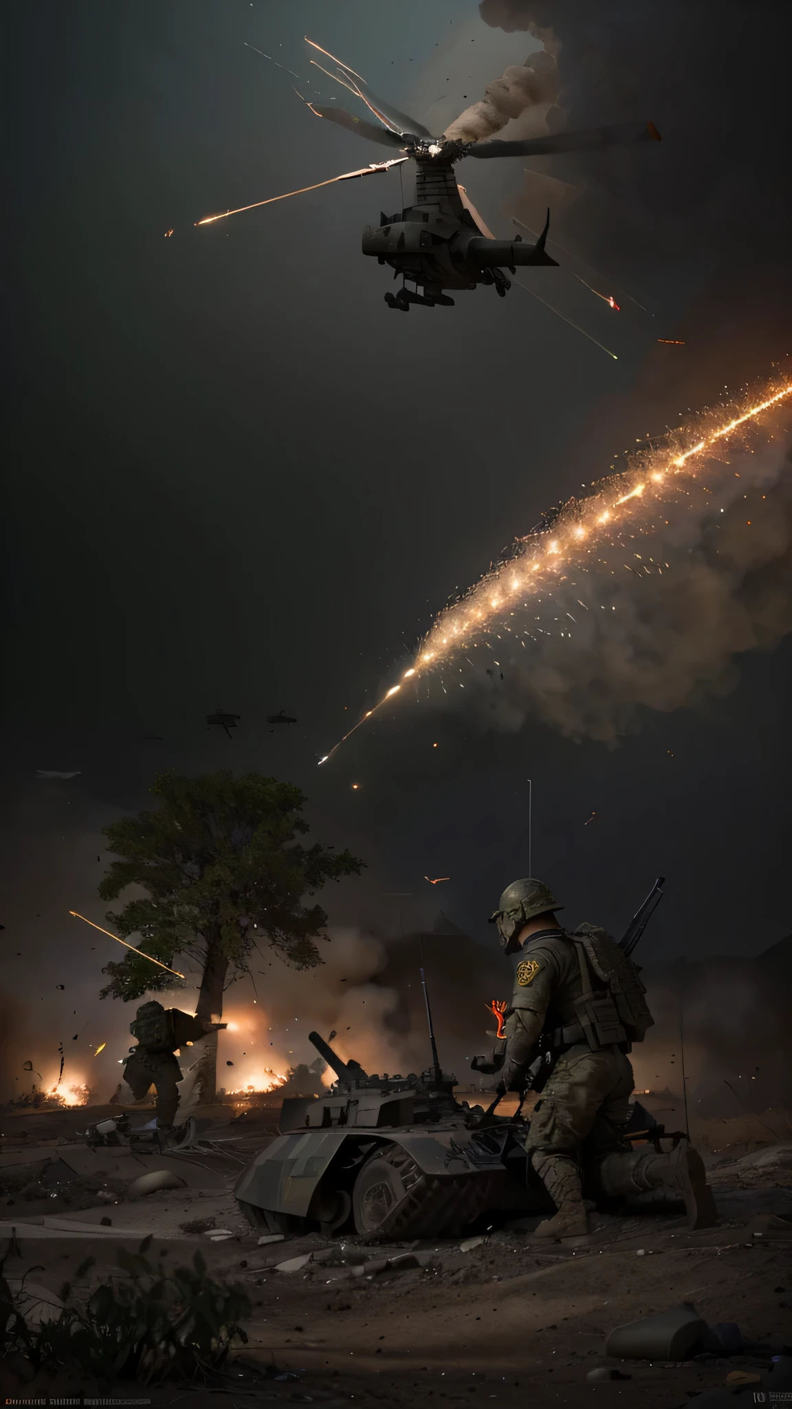 Many Soldiers on the battlefield, shooting profusely, armored tank firing, explosives, grenades, explosions, war zone, dust and smoke, intense action, chaos, flying bullets, command shouts, muzzle flashes, bullet casings, battle scars, camouflage uniforms, military helmets, tactical gear, war strategy, trenches, barbed wire, bomb craters, destruction, adrenaline rush, determination, bravery, Brotherhood in arms, patriotism, the heat of battle, the smell of gunpowder, adrenaline-fueled combat, heroic sacrifices, victory or death, the fog of war, battlefield chaos, bravery in the face of danger, medals of honor, command and control, war machines, artillery barrage, aerial support, battlefield tactics, combat formations, war is hell, spirits of fallen soldiers. (best quality, 4k, highres, ultra-detailed), (realistic, photorealistic:1.37), HDR, vivid colors, professional lighting