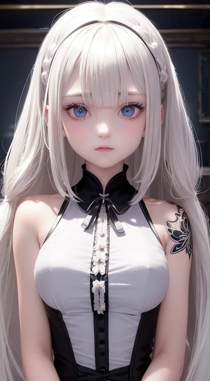 best quality, masterpiece,white hair ,tattoo, looking up, upper body,hair strand,white pale ice skin,side braids, boots, transparan, portlate、Gothic Lolyta style、victorian black dress, very sad expression、poneyTail、Young shiny shiny white shiny skin、Best Looks, reflected light、Platinum light blonde hair with dazzling highlights、shiny light hair,、Super long silky straight hair、Beautiful bangs that shine、Glowing crystal clear attractive big blue eyes、Very beautiful nice cute 16 year old girl