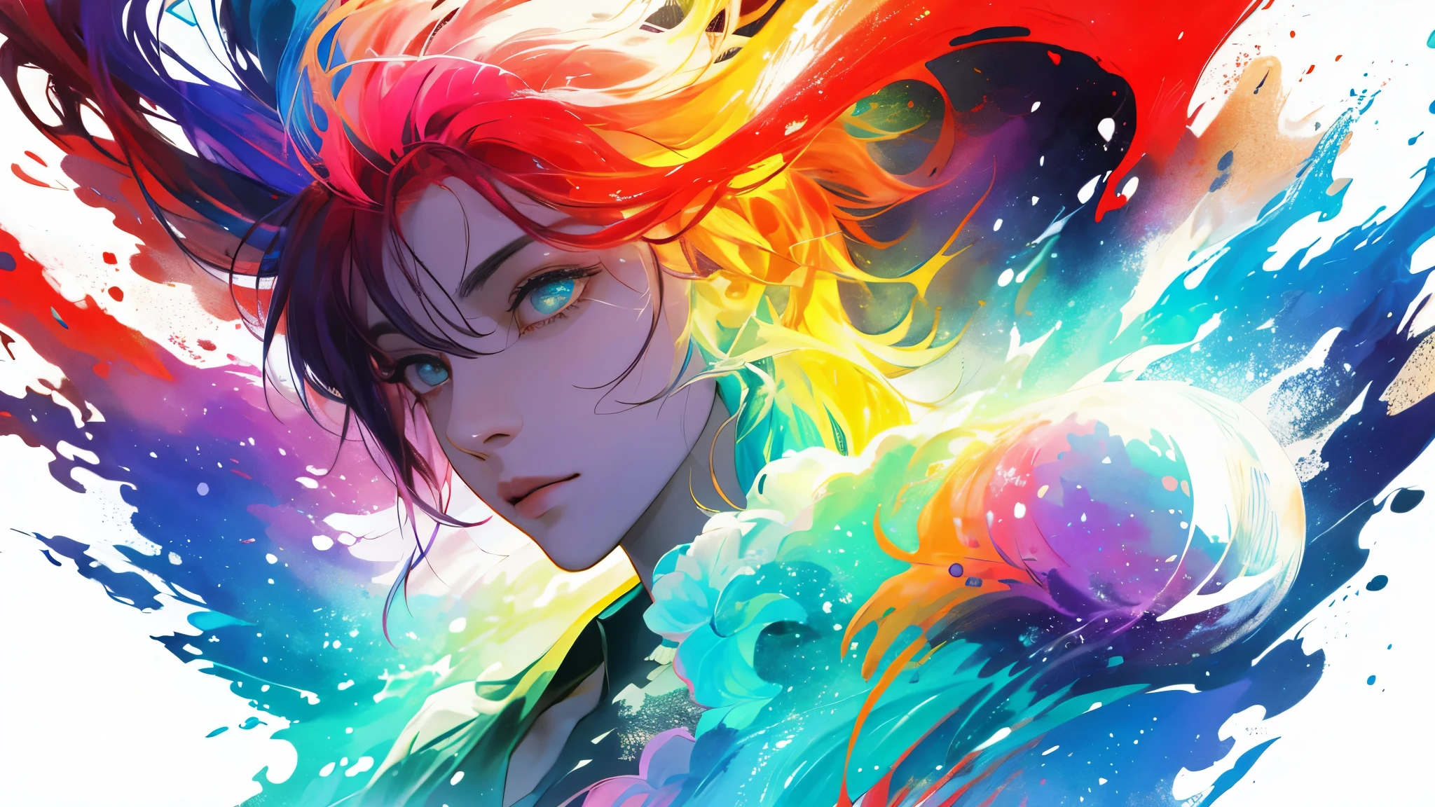 una mujer,cabello color arcoiris,Romantic nature,chinos,A dream kingdom,blanco claro y rojo claro,blanco claro y cian,High Definition,alto detalle,alta calidad,Muy buen ambiente,Exquisito,Computer generated representation,detailed representation,(Exquisito facial depiction)(Representation of fine hair)(Mejor calidad)(Obras maestras maestras)(High degree of completion)(a feeling of atmosphere)(busto)