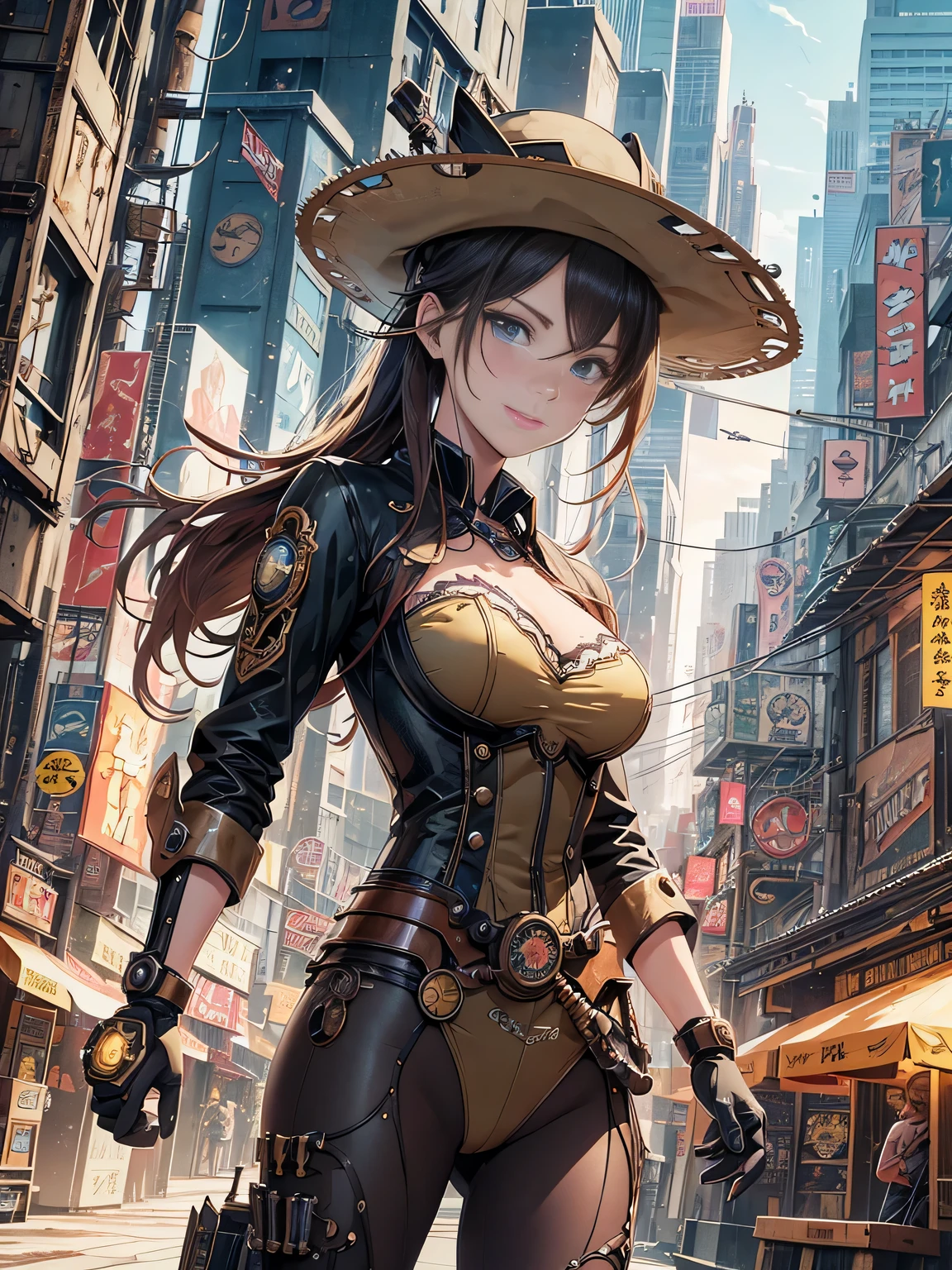 (comic book style),(line drawing_anime),(cowboy shot,Low - Angle, highest quality, ),(Laura Budd Photos:1.2),(Laura Add Details:1.0),8K, flat color:0.8,1 girl,smile,(Highly decorative and complex mechanical steampunk fashion, lace flare dolphin hat、goggles 1.5、machinery background、Gear background、Intricately mechanized steampunk cityscape 1.5),