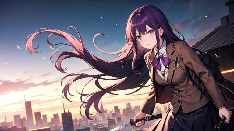 Yuri, Doki Doki Literature Club, purple hair, long hair, blazer, brown sweater, blue skirt, long skirt, knife, Heroic, looking mad for viewer
((Home_background))