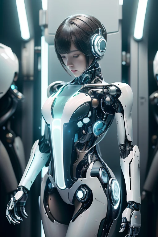 (realistic:1.4), (Raw photo)table top, highest quality, very detailed, (realistic:1.4), (8K, 4k, highest quality, High resolution, 超High resolution:1.1), 8K portrait,1 girl, Japanese アンdroid gid,Plump , announcer,Control panel,アンdroid,droid,mechanical hand, ,robot arms and legs, black hair,Machine body,dull bangs,white robot parts,perfect robot woman,charging spot,long tube,A thick cable was connected to his neck...,ceramic body ,Machine body, mechanical ear covers,アンdroid,robot humanoid,a little chubby,panties,full eyes,perfect machine body,white robot body,laboratory of the future,アンdroid factory,mechanical ear covers,white and light blue uniform,aqua accent costume,