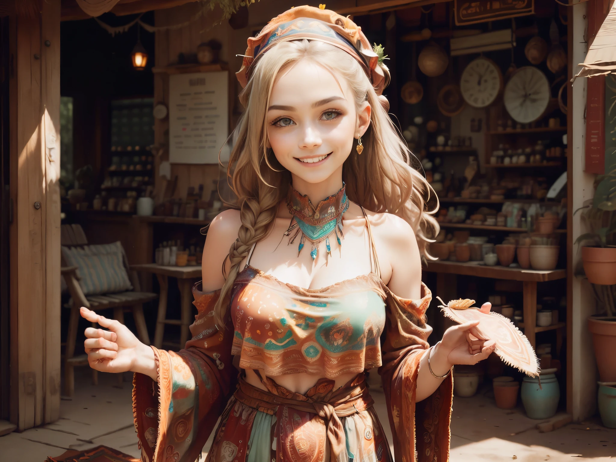Full Shot, Full Body: 1.4, Unreal Engine: 1.4, Ultra Realistic, Photorealistic CG K: 1.4, Skin Texture: 1.4, Masterpiece: 1.4, ((Beautiful woman in hippie style hat, hippie clothes, happy, beautiful smile and perfect, subtle, making funny gestures: 1.5)), bohemian Hippie truck: 1.7, long hair, hippie clothes of various colors, 32k.