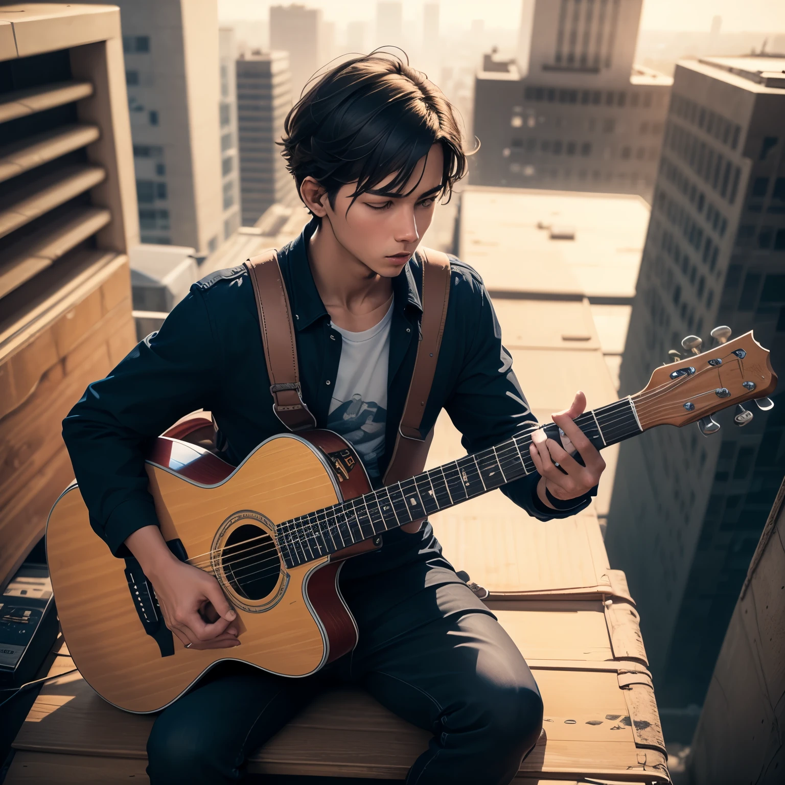 A guy with a guitar sits on the edge of the roof and plays  