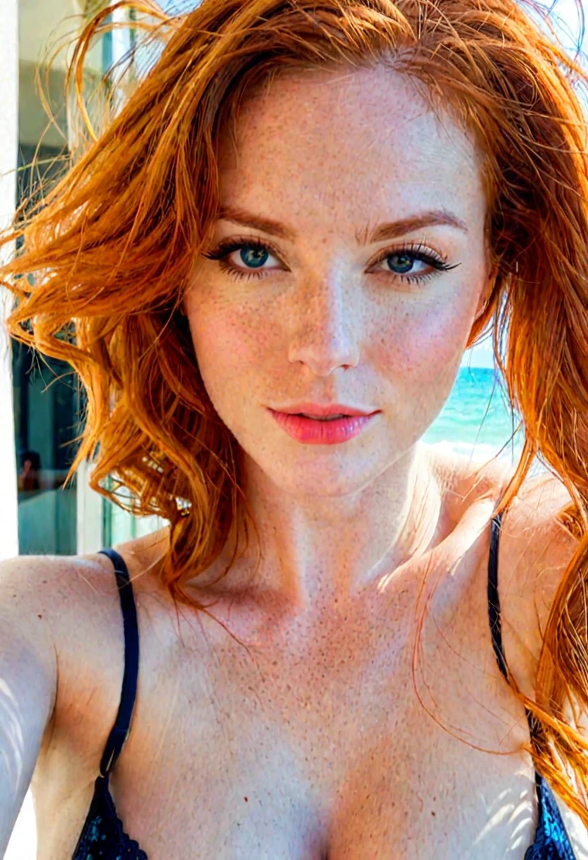 Une femme rousse dans un selfie habillé très sexy sur un balcon ou derrière on voit une plage 