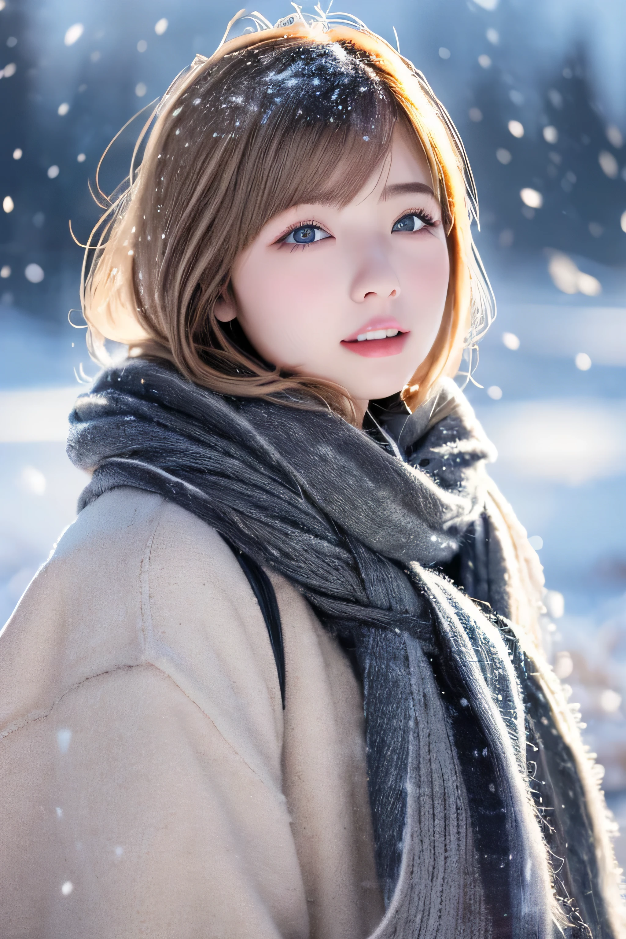 ((hair blowing in the wind、No makeup:1.2))、(realistic、Photoreal、super detailed、best detailed skins、highest quality、masterpiece、超A high resolution)、cute russian woman、、high school girl、young girl、1 girl、have bangs、ash blonde:1.7、double eyelid、drooling eyes、Japanese style face、purity、realistic skin type、thick muffler、Gray muffler、fluffy hair、((There's hair in the scarf:1.3))、red cheeks、The wind is blowing、It's snowing、night、illumination、lighting from behind、hair blowing in the wind
