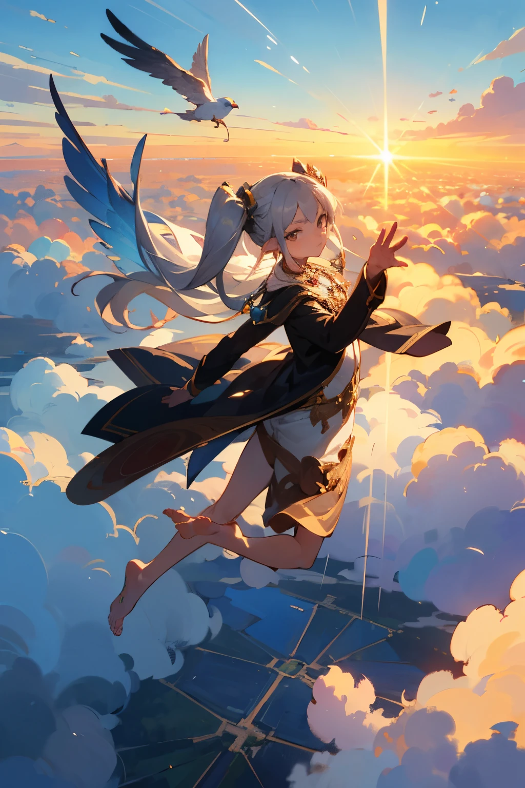 anime,multiple people,silver hair, twin tails, long coat,blue sky background, masterpiece,Not real,wings on the back(masterpiece,highest quality,super detailed),software,
fairy tale,goblin,flat chest,wings on the back,transparent skin,[:elf ears:0.7],very long hair,(jewelry/accessories:1.4),goblin wings,dynamic pose,barefoot,[:bewitching face:0.5],suspicious smile,(reach out to your audience:1.2),(High resolution),(flight:1.5),fantasy world,Very high location,sunrise,blue sky,Above the Clouds,swirling,stratosphere,(bird),Depth of the bounds written,8k wallpaper,