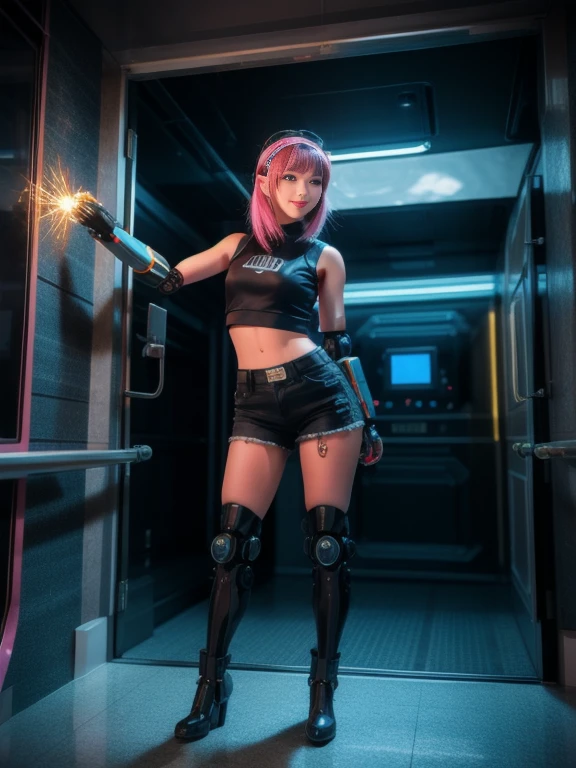 ((full body, Are standing):1.5), {(Princess Zelda)}, {((Comes with bionic body parts, Wearing a very tight black sleeveless shirt, Short Jeans Shorts)), ((very big breasts) ), ((very short, pink straight hair, blue eyes)), look at the viewer, smile, ((Strike an erotic pose)), ((Inside the spacecraft of the future, In front of the elevator, A window showing the stellar space, Futuristic machine, humanoid robot, Robot stuck in wall, Lighted pipe))}, 16k, highest quality, highest resolution, Maximum sharpness, super detailed, 16k, highest quality, highest resolution, Maximum sharpness, super detailed