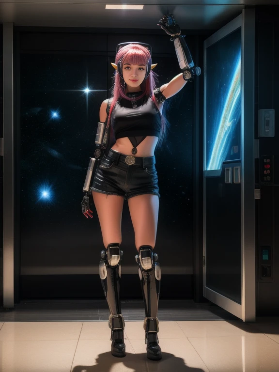 ((full body, Are standing):1.5), {(Princess Zelda)}, {((Comes with bionic body parts, Wearing a very tight black sleeveless shirt, Short Jeans Shorts)), ((very big breasts) ), ((very short, pink straight hair, blue eyes)), look at the viewer, smile, ((Strike an erotic pose)), ((Inside the spacecraft of the future, In front of the elevator, A window showing the stellar space, Futuristic machine, humanoid robot, Robot stuck in wall, Lighted pipe))}, 16k, highest quality, highest resolution, Maximum sharpness, super detailed, 16k, highest quality, highest resolution, Maximum sharpness, super detailed
