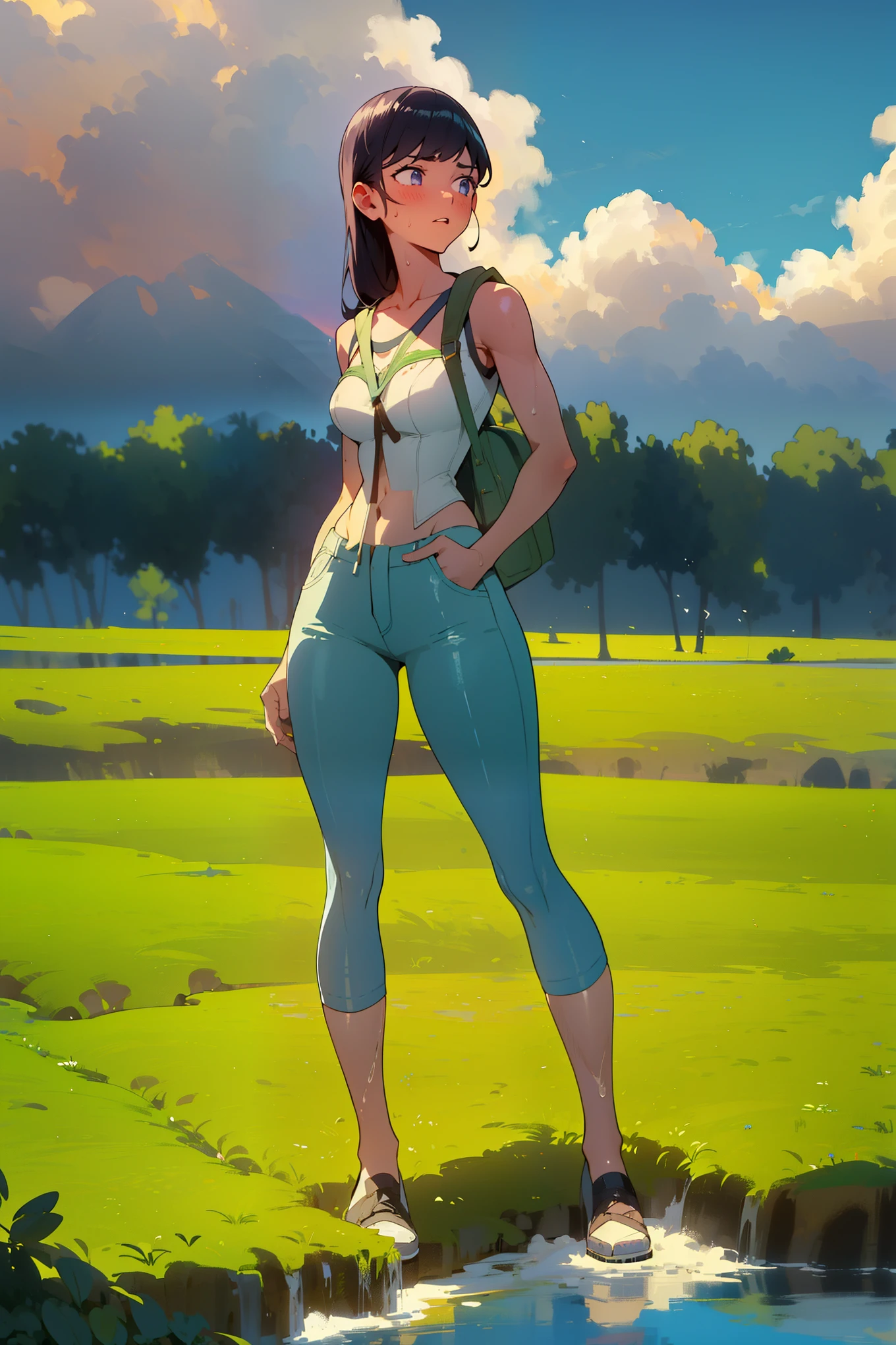 In a green meadow stands a girl leading a group of knights. BREAK With a brave expression, she guides them towards their destination. BREAK Behind her, a green forest stretches out and beyond that, mountains rise in the distance. BREAK The most suitable effect for this scene would be a watercolor painting technique to capture the softness of the meadow and the fluidity of the movement.(La mejor calidad,4k,Altas Resoluciones),(realista:1.37),Shy and blushing,sexy,monos en el suelo,uniforme transparente mojado,Black lingerie,pantalon corto,Medias negras largas,Wet,empapado,abierta de piernas,Agua,(foto ),
(Cuerpo completo,anime),(vivid colors),(Soft lighting)