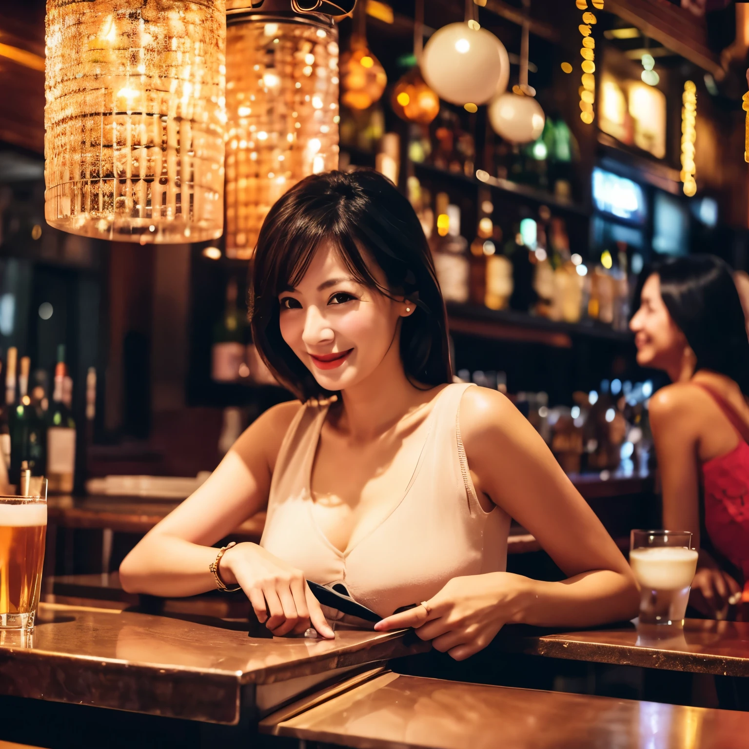 Beautiful fashion of mature women、In town、A voluminous body、Alone at the bar、up、shy smile、A little bit of her black bra is visible、Wrinkles at the corners of the eyes
