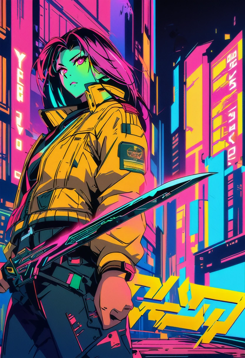 anime poster of a man in a yellow jacket holding a sword, cyberpunk anime art, modern cyberpunk anime, digital cyberpunk anime art, anime cyberpunk art, anime cyberpunk, digital cyberpunk - anime art, cyberpunk art style, cyberpunk blade runner art, neo tokyo background, neo tokyo, cyberpunk digital art, best anime 4k konachan wallpaper, cyberpunk comic cover art