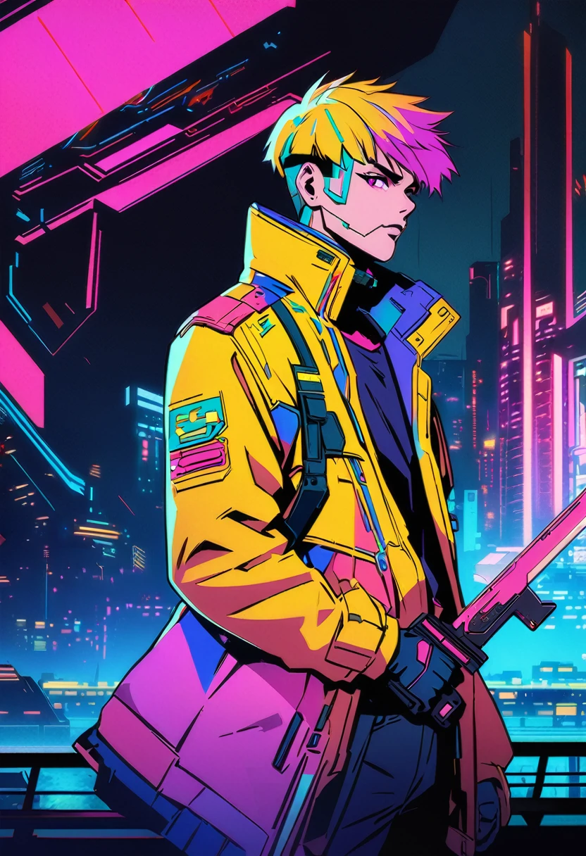 anime poster of a man in a yellow jacket holding a sword, cyberpunk anime art, modern cyberpunk anime, digital cyberpunk anime art, anime cyberpunk art, anime cyberpunk, digital cyberpunk - anime art, cyberpunk art style, cyberpunk blade runner art, neo tokyo background, neo tokyo, cyberpunk digital art, best anime 4k konachan wallpaper, cyberpunk comic cover art