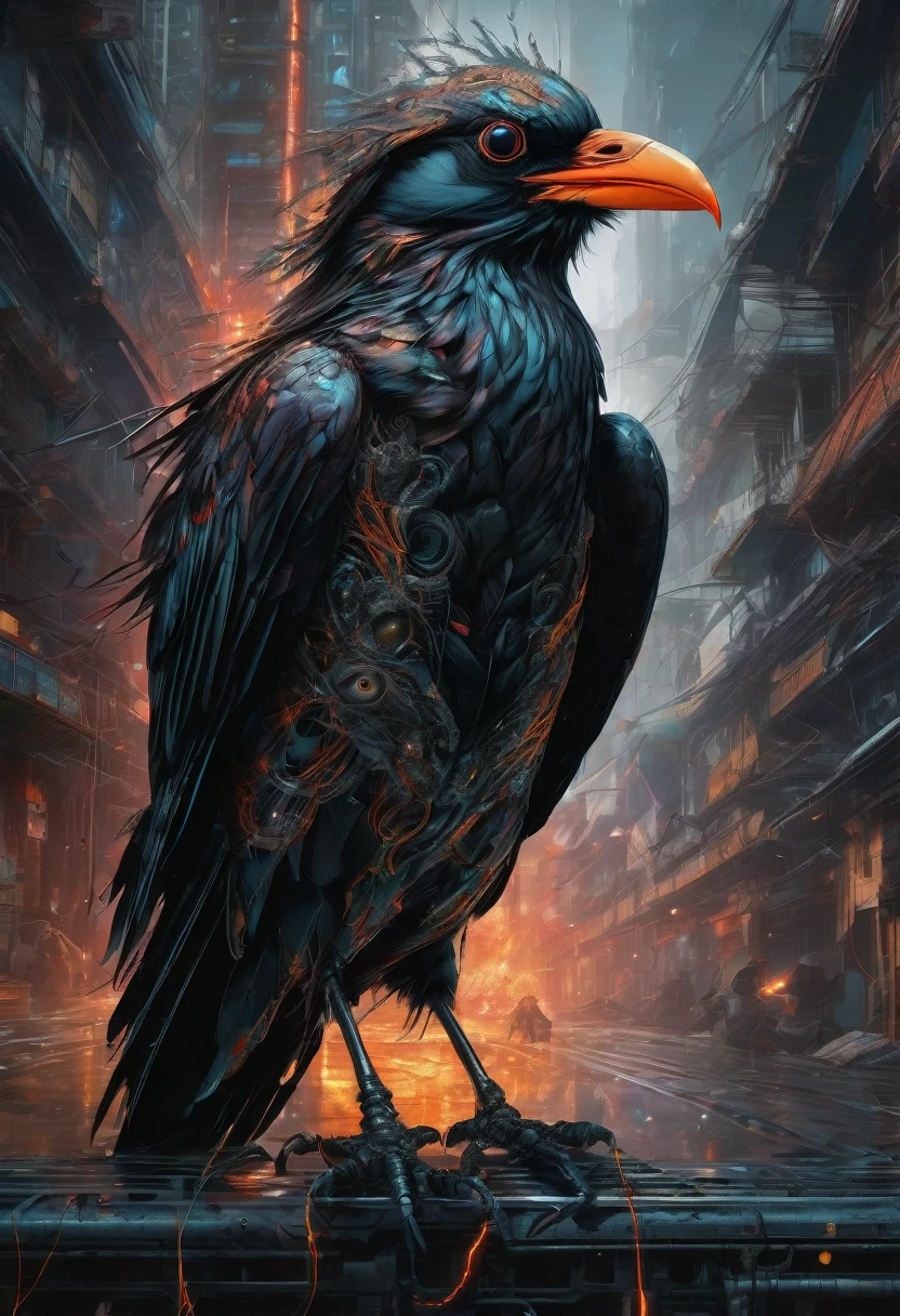 A masterful artistic digital rendering of a sinister cybernetic crow made from sparks and fire by Simon Prades, h.r giger, russ mills, Shaun Ryken, celestial, UHD, 8k resolution, fantasy editorial art, complex and hyperdetailed, beautiful composition, a modern surrealistic masterpiece by Dan Mumford