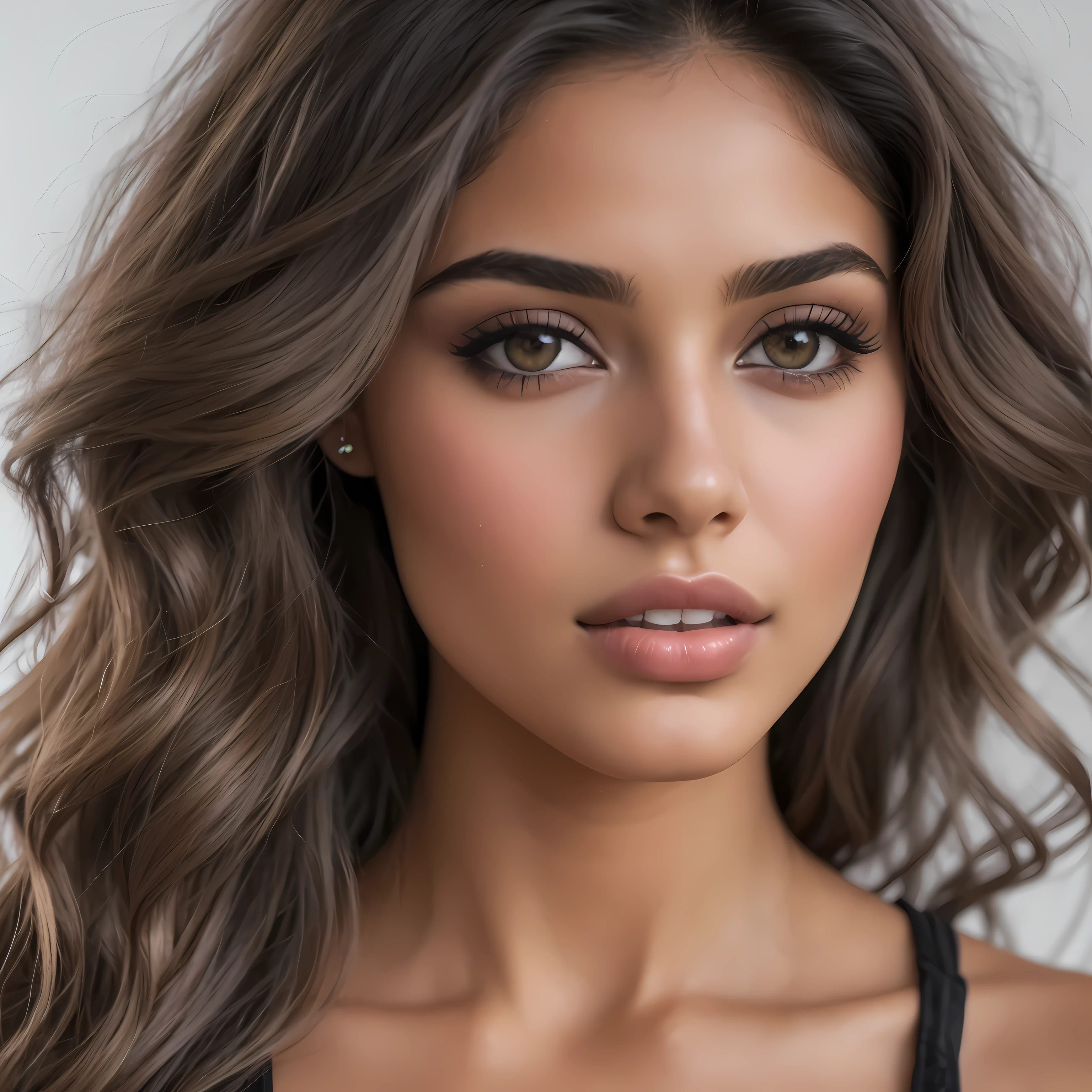 Eine Nahaufnahme einer Frau mit sehr langen Haaren, flawless Olivenhaut, beautiful Latina face, Indian girl with brown skin, Sie hat olivbraune Haut, Gorgeous woman, Photo of a beautiful woman, Attraktive Frau, Beautiful Mexican woman, beautiful female model, beautiful beautiful woman, Extremely beautiful face, Olivenhaut, Portrait of Sophie Mudd, Olivenhautned, Beautiful young woman
