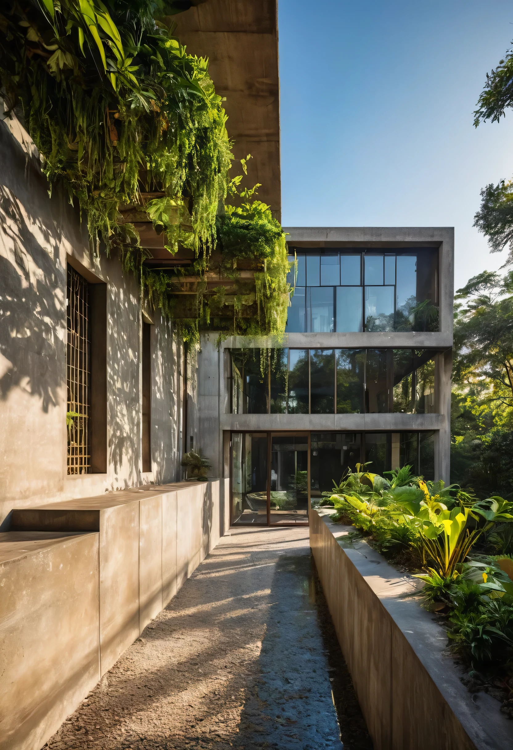 Take a photograph in RAW format taken with the Nikon D7500 camera + AF-S DX NIKKOR, lente ultra larga, in the plongée angle, 8K, top quality, HDR, Very high realism, realismo extremo. This four-story Brutalist home emerges with an imposing presence and austere elegance. Its massive, angular structure is complemented by balconies on each floor., adorned with climbing plants that soften the rigidity of the concrete and bring a touch of life to the architecture. The sun is tilted at 35 degrees. creating dramatic shadows. The balconies are supported by Ionic columns, whose elaborate pharaonic-style capitals give the building a sense of grandeur and history. These columns seem to rise towards the sky, as pillars of strength and beauty, enquanto as plantas trepadeiras que as envolvem adicionam uma camada de delicadeza e vitalidade. In front of the house, um lago sereno se estende, capturing the sun's rays falling on its tranquil surface. A luz dourada do entardecer reflete nas janelas da casa, creating patterns of shadows and reflections that gently dance across concrete walls. in the sky, birds fly freely, suas silhuetas elegantes contrastando com o horizonte amplo e aberto. O som de suas asas batendo contra o ar ecoa pela paisagem, adding a serene soundtrack to the picturesque scene. Despite the grandeur of brutalist architecture, a casa parece integrar-se harmoniosamente ao ambiente natural ao seu redor. The lake and birds offer a sense of serenity and life, while the sunlight highlights the beauty and complexity of the architectural structure. This brutalist house is more than just a residence; is a work of art that encapsulates the interaction between man and nature, entre a rigidez do concreto e a delicadeza das plantas, between the solidity of history and the ephemerality of sunlight. It is a testament to architecture's ability to inspire and move, despite the apparent simplicity of its form and function.