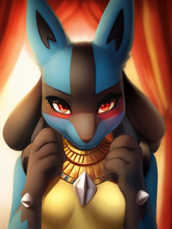 1girl, lucario, red eyes, blush, looking at viewer, holding paw, spikes, blue fur, egyptian,