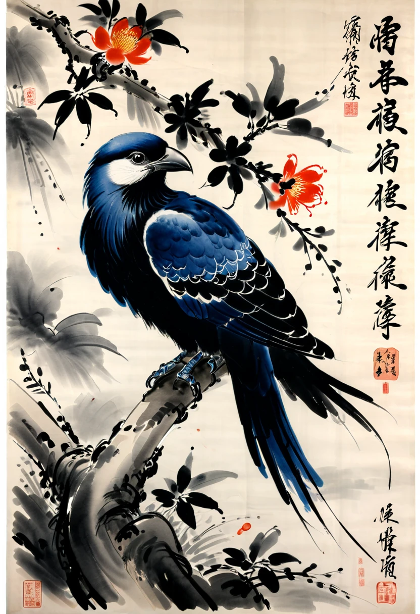 Crow, by Qi Baishi, (masterpiece, best quality, Professional, perfect composition, very aesthetic, absurdres, ultra-detailed, intricate details:1.3)