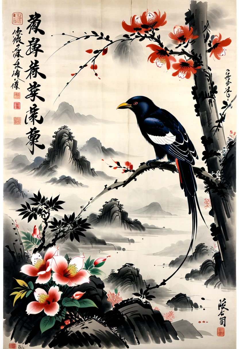 Crow, by Qi Baishi, (masterpiece, best quality, Professional, perfect composition, very aesthetic, absurdres, ultra-detailed, intricate details:1.3)
