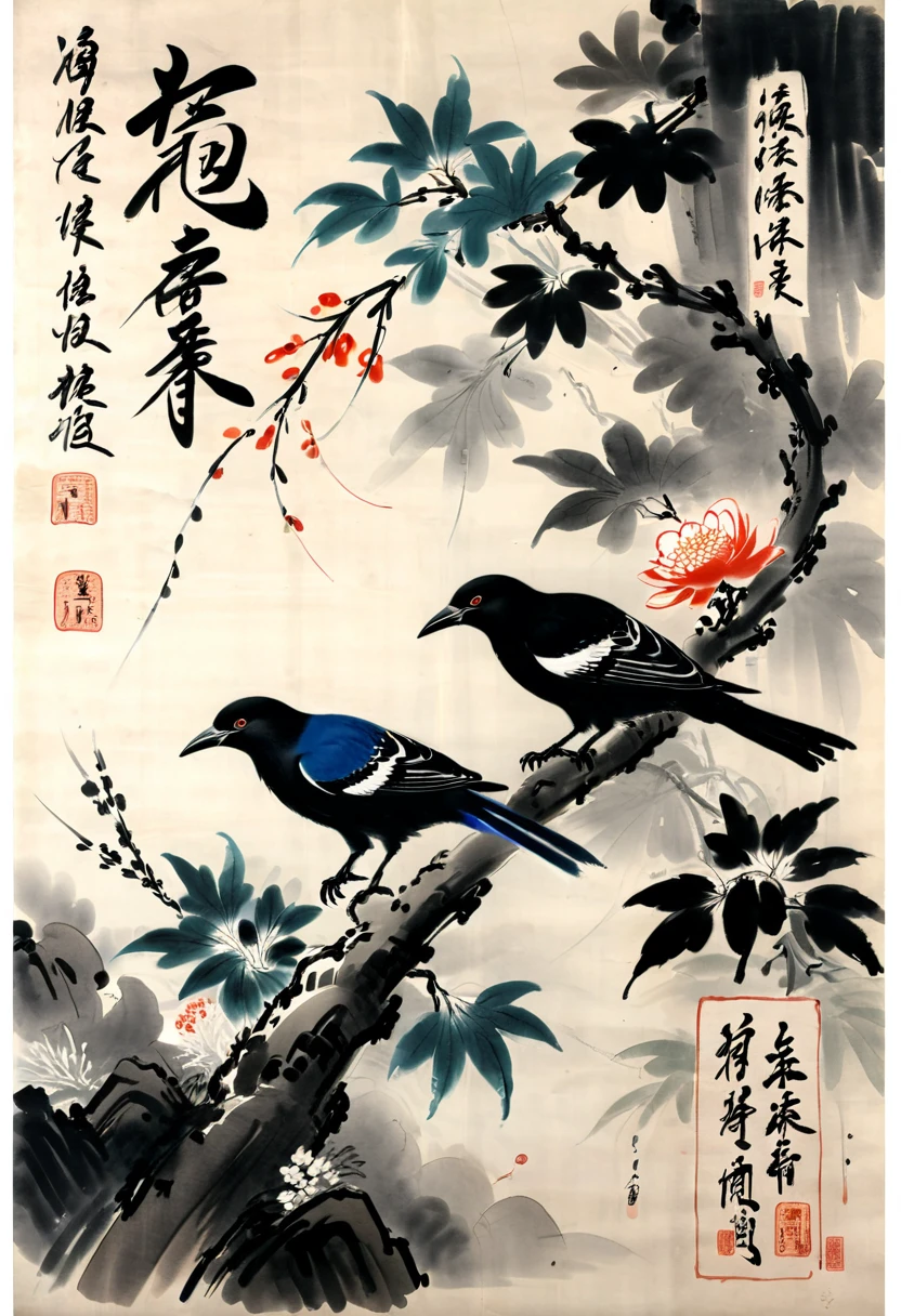 Crow, by Qi Baishi, (masterpiece, best quality, Professional, perfect composition, very aesthetic, absurdres, ultra-detailed, intricate details:1.3)
