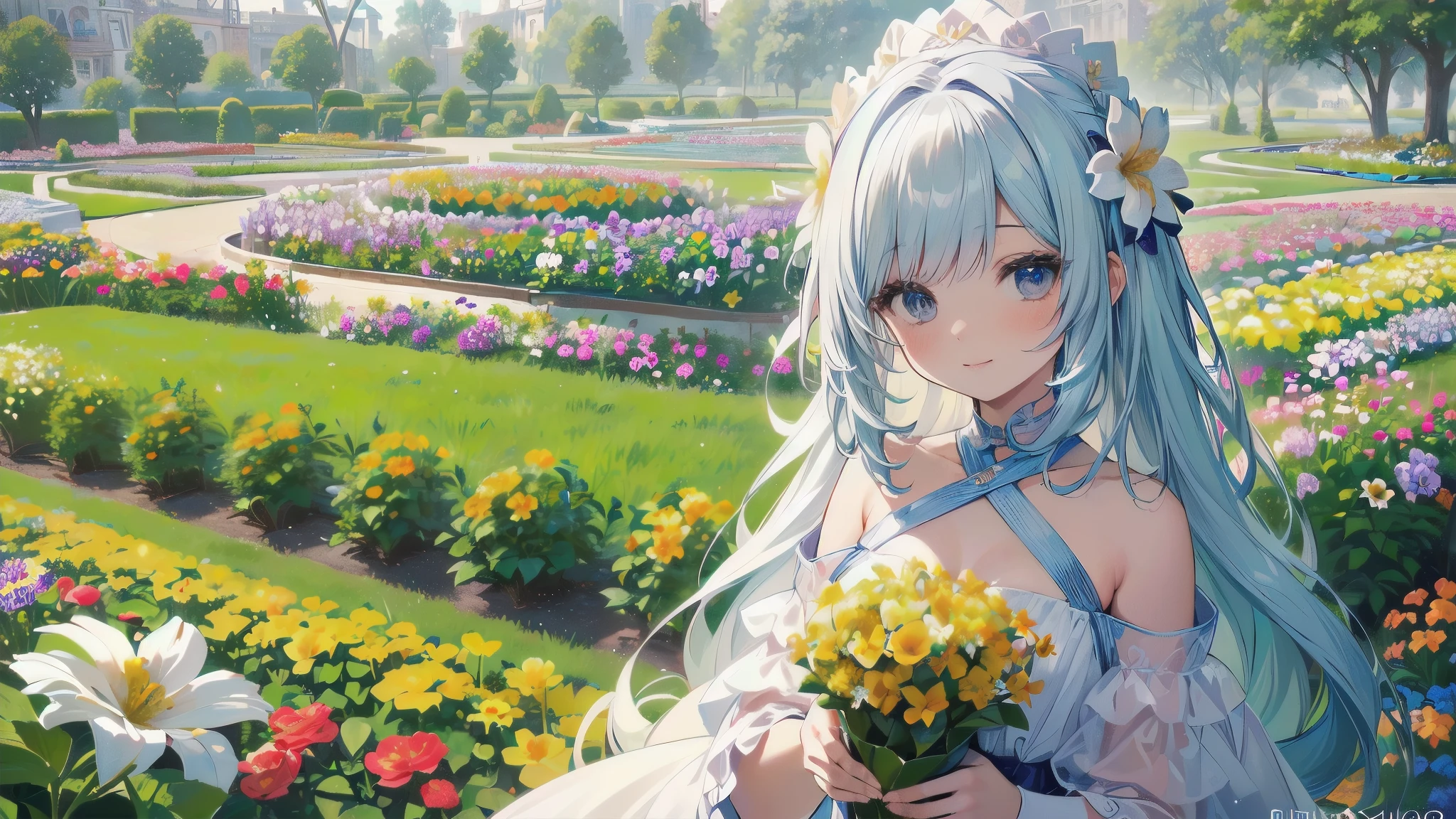 absurdos, high resolution, (arte oficial, hermoso y estetico:1.2), (vista cercana:1.2), Frontal composition,
1 chica, (pelo largo:1.2), pelo canoso, pelo ondulado, sonrisa,
(throughout the flower garden:1.6), (efectos florales:1.2), (fondo floral:1.2), (Fondo lleno de flores:1.4), (Fondo llamativo:1.1),