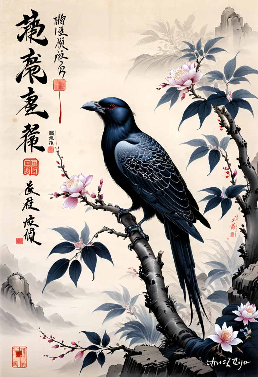 Crow, by Song Huizong Zhao Ji, (masterpiece, best quality, Professional, perfect composition, very aesthetic, absurdres, ultra-detailed, intricate details:1.3)