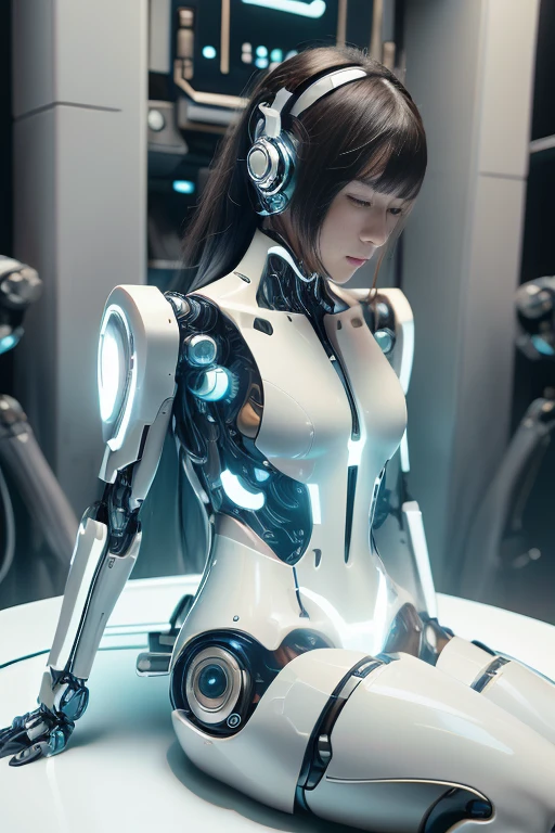 (realistic:1.4), (Raw photo),table top, highest quality, very detailed, (realistic:1.4), (8K, 4k, highest quality, High resolution, 超High resolution:1.1), 8K portrait,1 girl, Japanese アンdroid gid,Plump , announcer,Control panel,アンdroid,droid,view audience,mechanical hand, ,robot arms and legs, black hair,Machine body,dull bangs,white robot parts,perfect robot woman,charging spot,long tube,A thick cable was connected to his neck...,ceramic body ,Machine body, mechanical ear covers,アンdroid,robot humanoid,a little chubby,panties,full eyes,perfect machine body,white robot body,laboratory of the future,アンdroid factory,mechanical ear covers,white and light blue uniform,aqua accent costume,