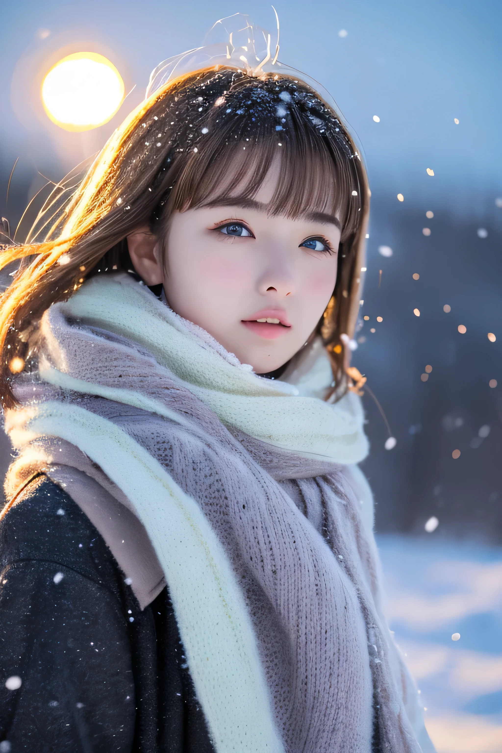 ((hair blowing in the wind、No makeup:1.2))、(realistic、Photoreal、super detailed、best detailed skins、highest quality、masterpiece、超A high resolution)、cute russian woman、14 years、high school girl、young girl、1 girl、have bangs、ash blonde:1.7、double eyelid、drooling eyes、Japanese style face、purity、realistic skin type、thick muffler、Gray muffler、fluffy hair、((There's hair in the scarf:1.3))、red cheeks、The wind is blowing、It's snowing、night、illumination、lighting from behind、hair blowing in the wind