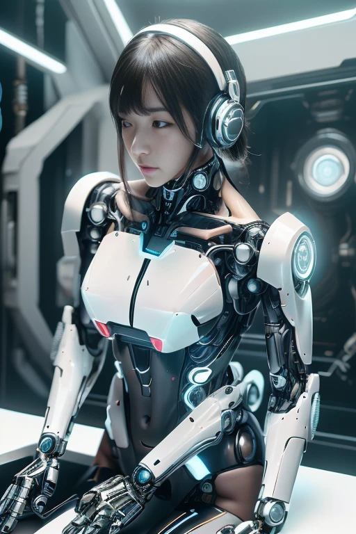 (realistic:1.4), (Raw photo),table top, highest quality, very detailed, (realistic:1.4), (8K, 4k, highest quality, High resolution, 超High resolution:1.1), 8K portrait,1 girl, Japanese アンdroid gid,Plump , announcer,Control panel,アンdroid,droid,view audience,mechanical hand, ,robot arms and legs, black hair,Machine body,dull bangs,white robot parts,perfect robot woman,charging spot,long tube,A thick cable was connected to his neck...,ceramic body ,Machine body, mechanical ear covers,アンdroid,robot humanoid,a little chubby,panties,full eyes,perfect machine body,white robot body,laboratory of the future,アンdroid factory,mechanical ear covers,white and light blue uniform,aqua accent costume,