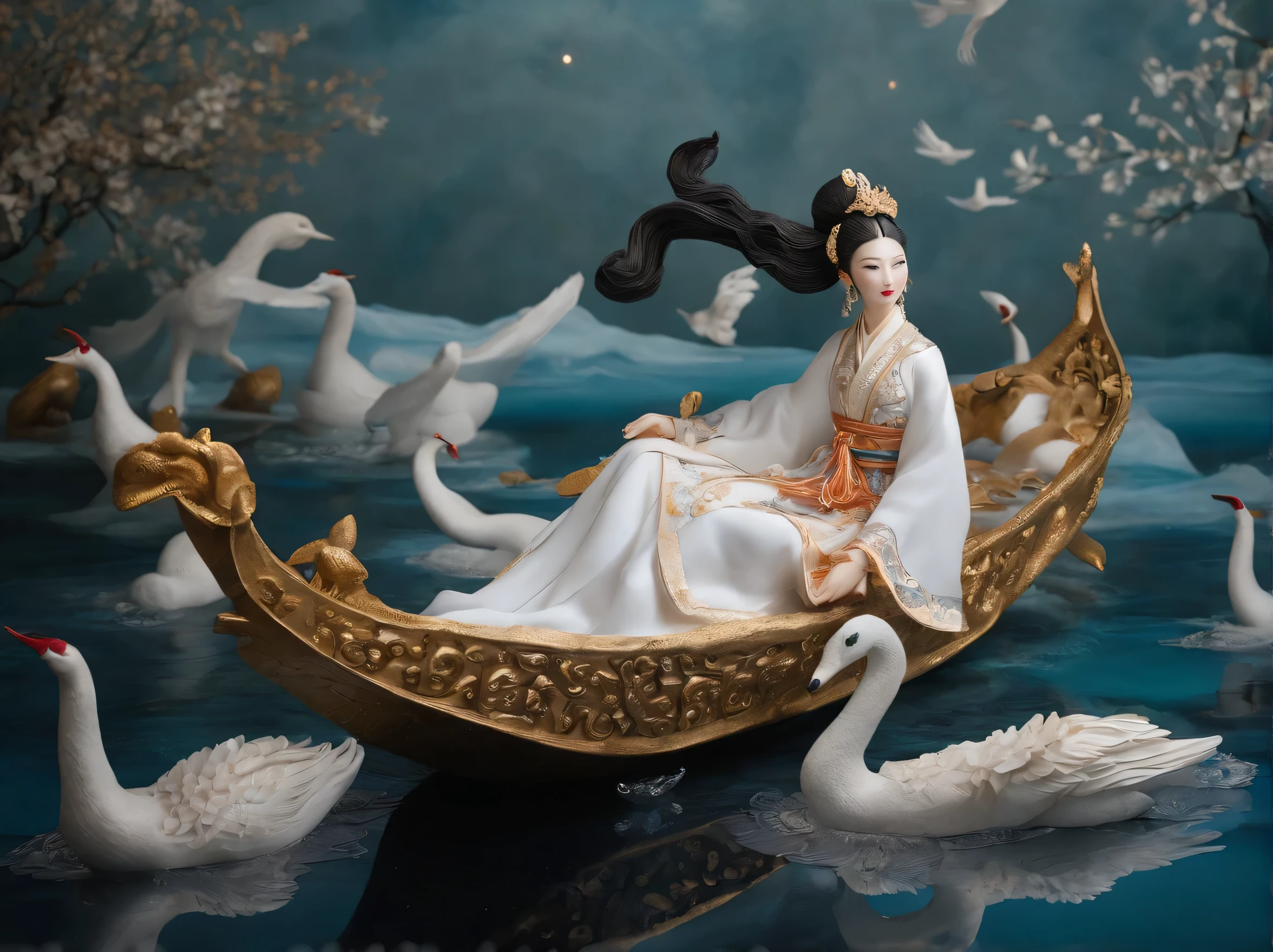 girl in a white dress floating in the water with a boat, xianxia fantasy, goddess of the moon, a beautiful fantasy empress, by Yang J, chinese fantasy, beautiful maiden, queen of the sea mu yanling, moon goddess, lunar goddess, flowing magical robe, beautiful celestial mage, by Leng Mei, ((a beautiful fantasy empress))