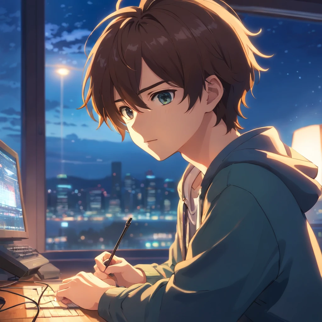 19 anos, adolescente, homem com cabelo amarrado, com microfone de mesa, em um quarto a noite, focado no rosto, PC on the side with some open editing program