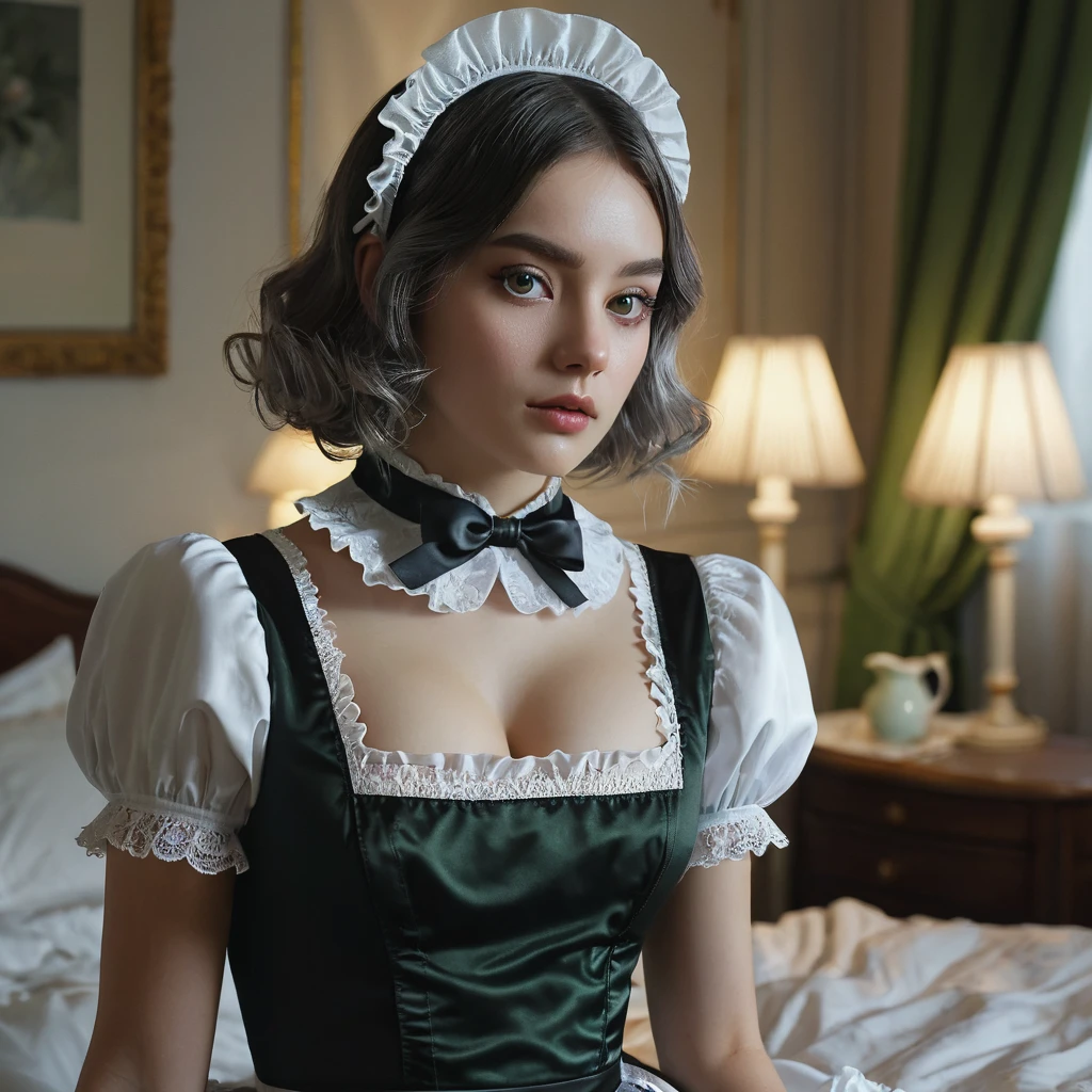 cinematic lighting, chiaroscuro, ray tracing, blending, Hyperrealism, Hasselblad, 85mm, f/1.8, Eye-Level Shot, multiple views, first-person view, best quality, masterpiece, anatomically correct, textured skin, There is a French Maid in a romantic bedroom, she has a filigree, delicate, fragile body. The face is small, oval, very delicate, stub nose, pouty mouth, the eyes are almond-shaped and alert, the pupils are green-gray, long eyelashes, best proportions, flawless skin, fine-pored and velvety skin, wide lace collar, androgynous, (French Maid dress, short petticoat: 1. 3), (Hair-Rehanna, silver-pink, asymmetrical bob: 1.2), slim long legs, skinny figure, stockings, garter, ruffles, bedroom, bed, ruffles satin, (She does the housework: 1.6), whole person, sitting on the edge of the bed,