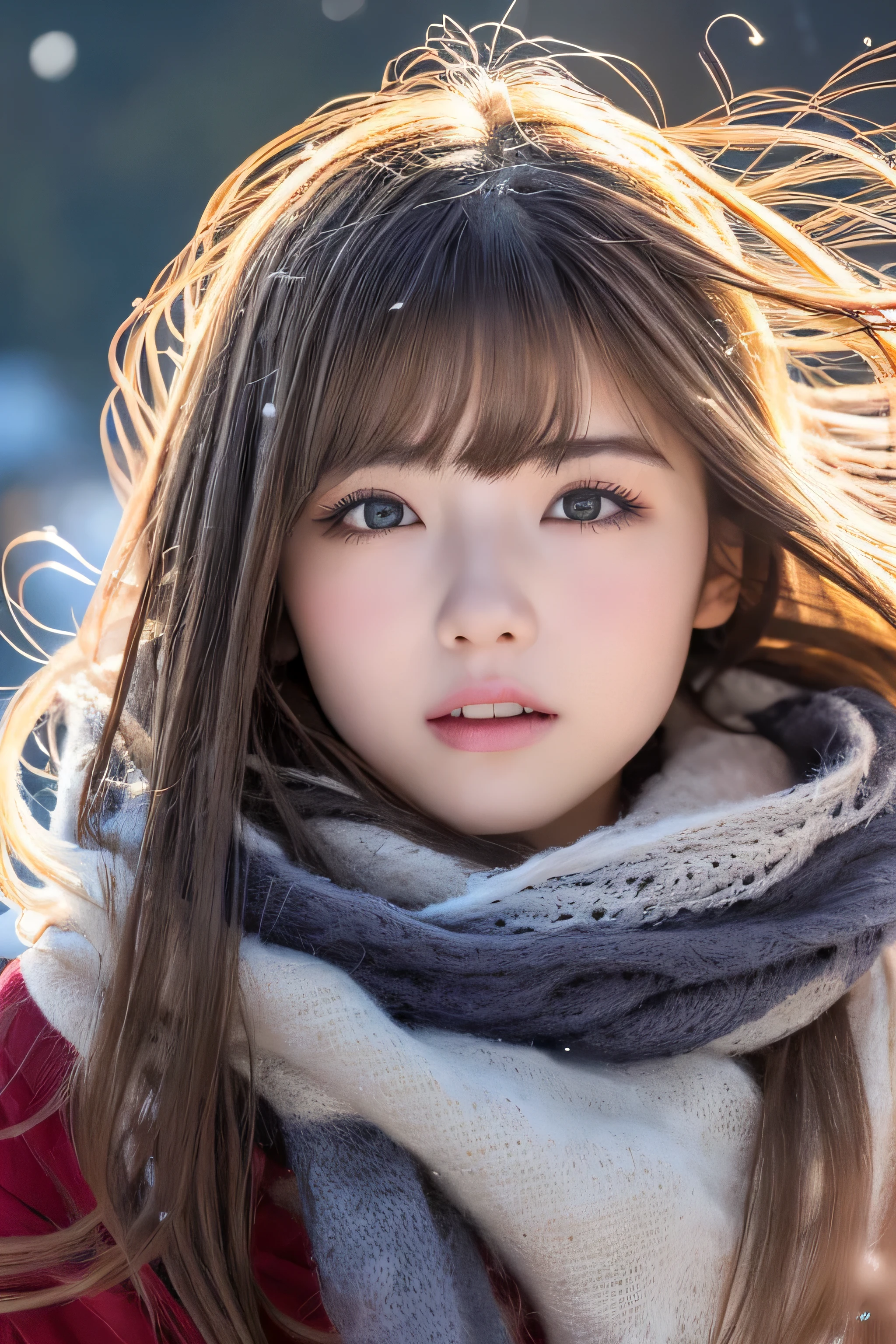 ((hair blowing in the wind、No makeup:1.2))、(realistic、Photoreal、super detailed、best detailed skins、highest quality、masterpiece、超A high resolution)、cute russian woman、、high school girl、young girl、1 girl、have bangs、ash blonde:1.7、double eyelid、drooling eyes、Japanese style face、purity、realistic skin type、thick muffler、Gray muffler、fluffy hair、((There&#39;s hair in the scarf:1.3))、red cheeks、The wind is blowing、It&#39;s snowing、night、illumination、lighting from behind、hair blowing in the wind