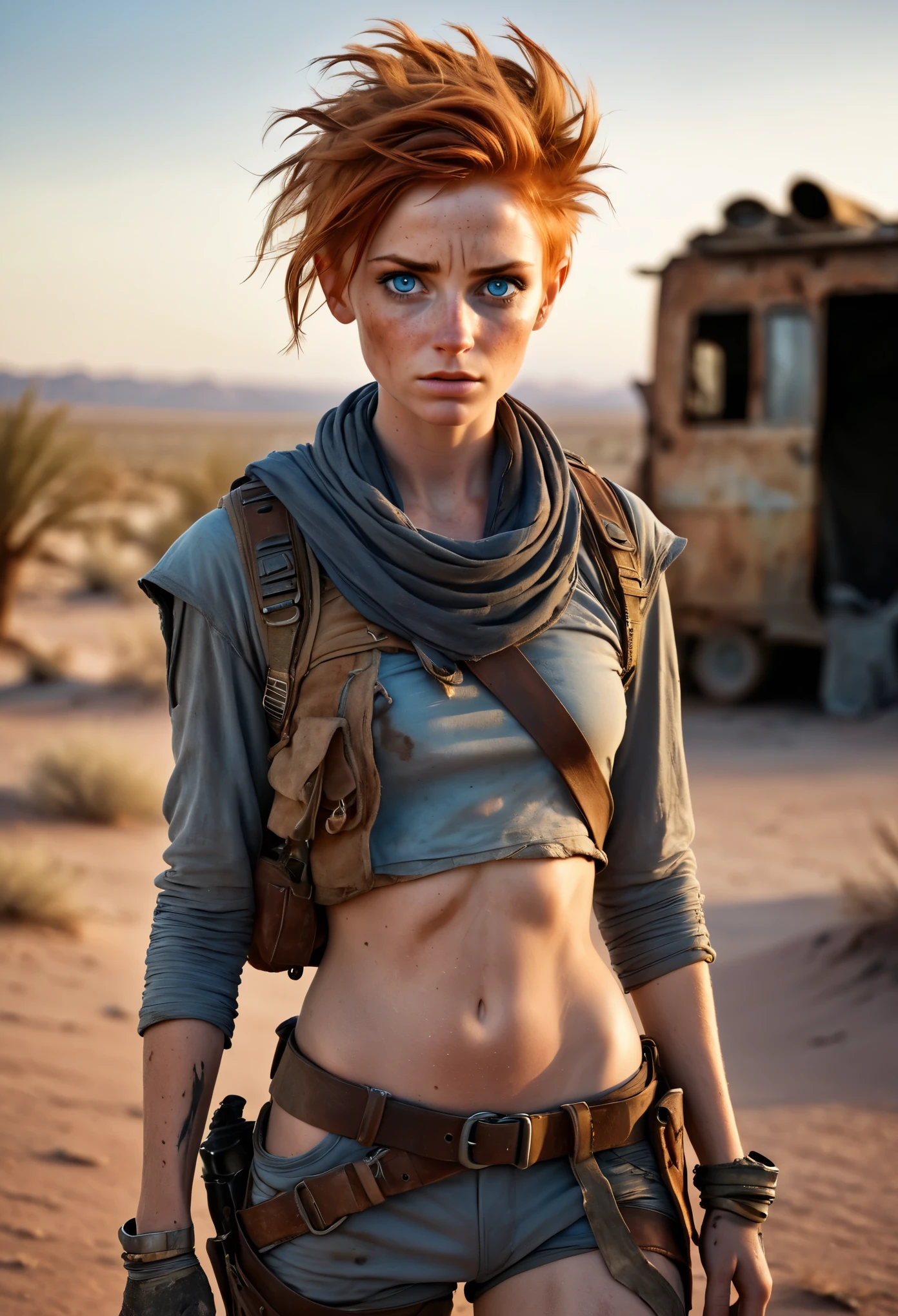 photorealistic, (Masterpiece photo), full body shot, a desert post apocalyptic landscape at sunset, (in the style of desert rangers from "Wasteland"), a cute woman with ginger short disheveled hair, post apocalyptic nomadic clothes, natural skin texture, blue-grey eyes, some freckles on face, skinny runners body, detailed face, and eyes, ultra realistic face, looking tired, tattered fabric, unconventional accessories, action movie picture,  in dinamic, dark arts, 16K, ultra high res, analog photo style, depth of  field,  UHD, RAW, DSLR