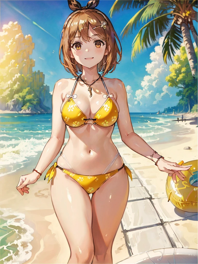 (((masterpiece、highest quality、High resolution)))、(((Ryza)))、Tropical Summer、Second Swimsuit、brain out、solo、laughter、beach、(((swimsuit:1.2)))、((Wearing only a swimsuit))、(((On a beautiful sunny beach)))、view audience、slender erotic body type、Glossy skin、One cute girl、Glossy skin、realistic、laugh a little shyly、(((yellow fancy bikini)))