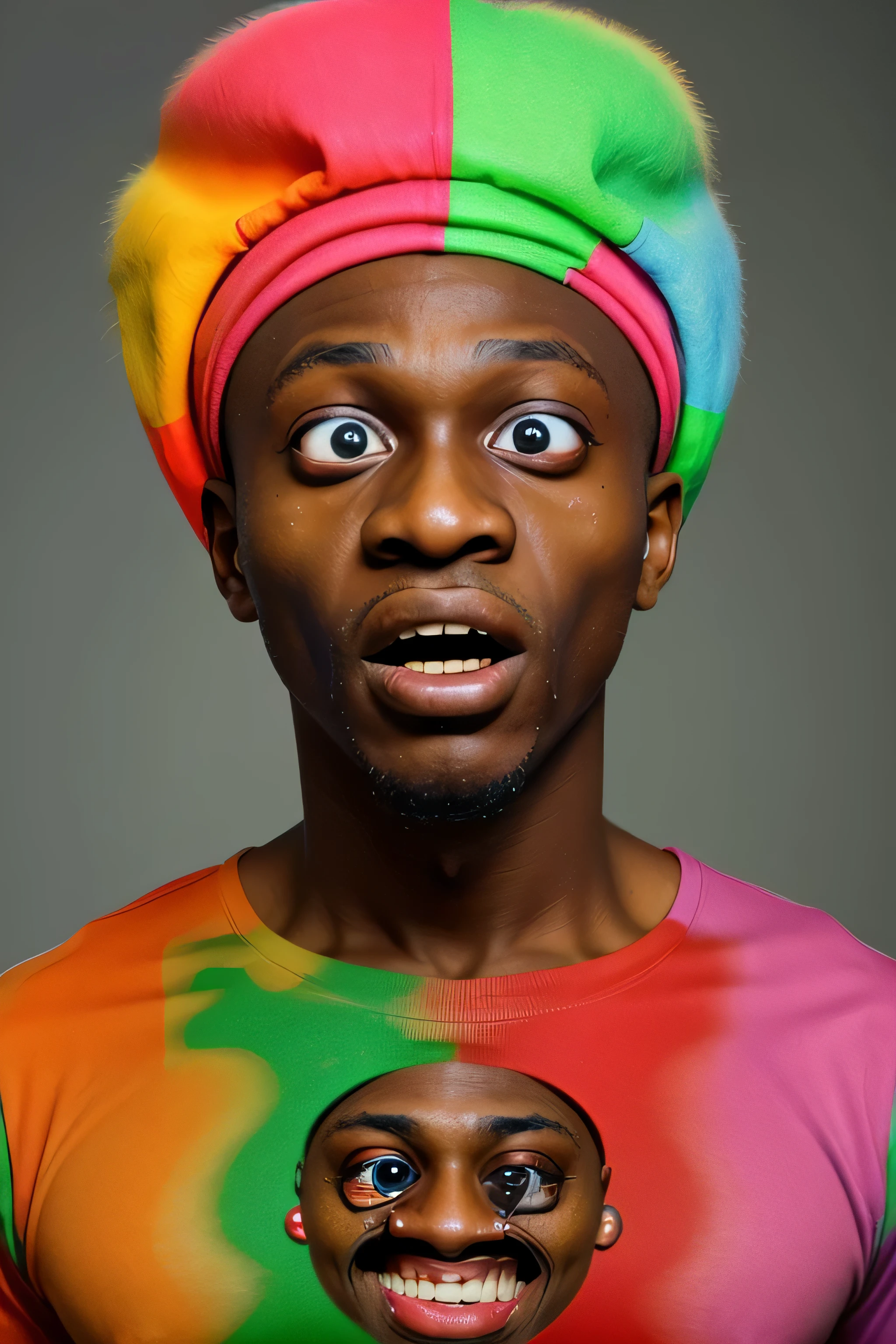 Nigerian guy with a really crazy expression on his face, massive eyes bulging out, cross eyed, in brightly coloured clothes