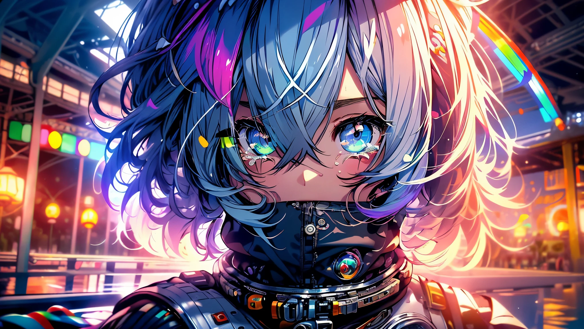 gomas para el pelo, contraerse de dolor, long eyelashes, solid circle eyes, sonrisa ligera, ear rubor, colmillo, (((pelo arcoiris))), constituir, rubor, sad, sad smile, sombra paralela, anaglyph, atmospheric perspective, 8K, Super detail, Preciso, Mejor calidad, (ciberpunk), bright lighting, obra maestra,1 chica, ((((dos colas cortas)))), Cabello colorido, Volador, arcos rosas,((16 year old female model)), (angel halo) , (((de cerca))), tiro a la altura de los ojos, (((astronaut))), (((plano general))), ((((( salpicadura de color ))))),