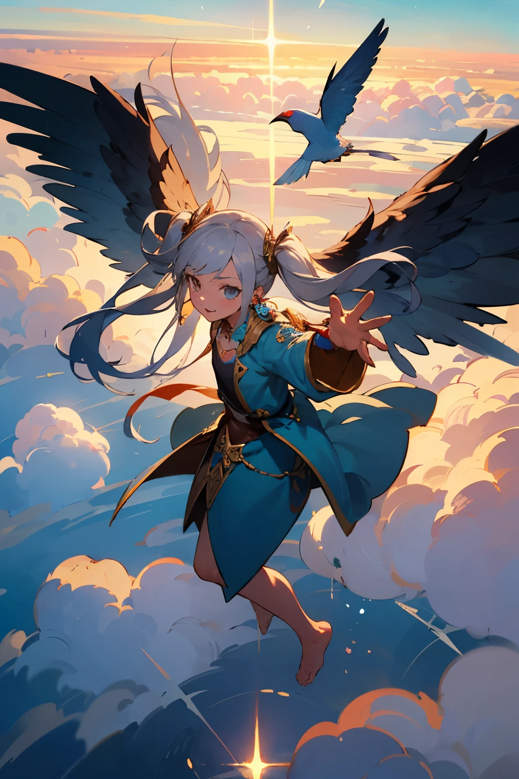 anime,multiple people,silver hair, twin tails, long coat,blue sky background, masterpiece,Not real,wings on the back(masterpiece,highest quality,super detailed),software,
fairy tale,goblin,flat chest,wings on the back,transparent skin,[:elf ears:0.7],very long hair,(jewelry/accessories:1.4),goblin wings,dynamic pose,barefoot,[baby face:bewitching face:0.5],suspicious smile,(reach out to your audience:1.2),(High resolution),(flight:1.5),fantasy world,Very high location,sunrise,blue sky,Above the Clouds,swirling,stratosphere,(bird),Depth of the bounds written,8k wallpaper,have a gun